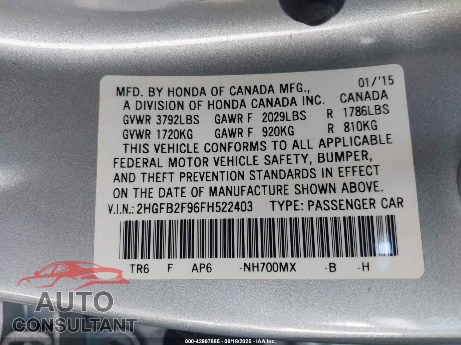 HONDA CIVIC 2015 - 2HGFB2F96FH522403