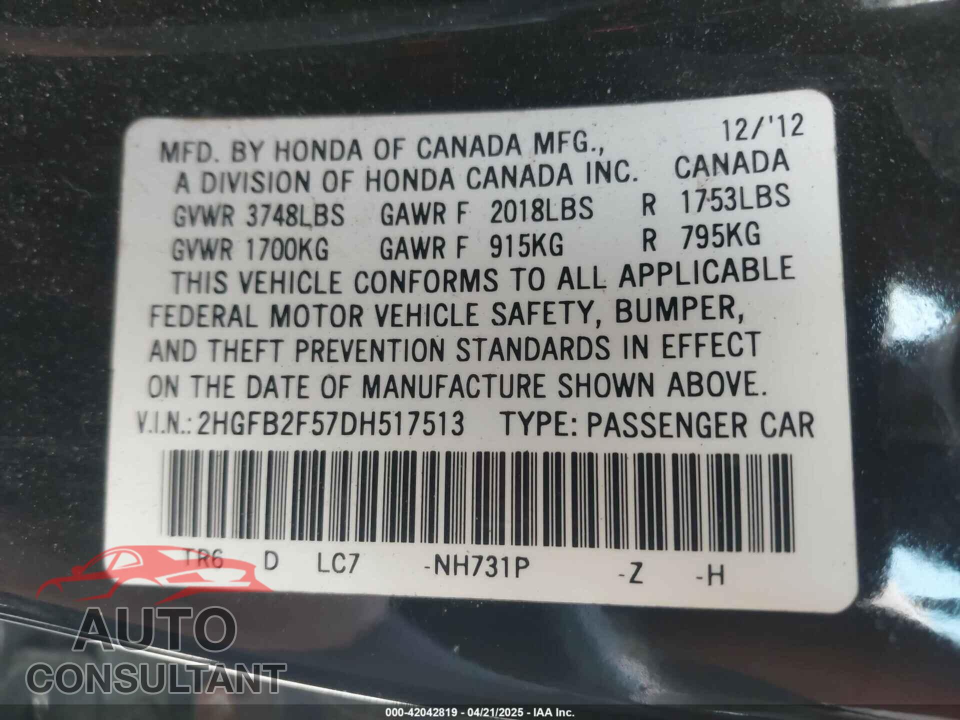 HONDA CIVIC 2013 - 2HGFB2F57DH517513