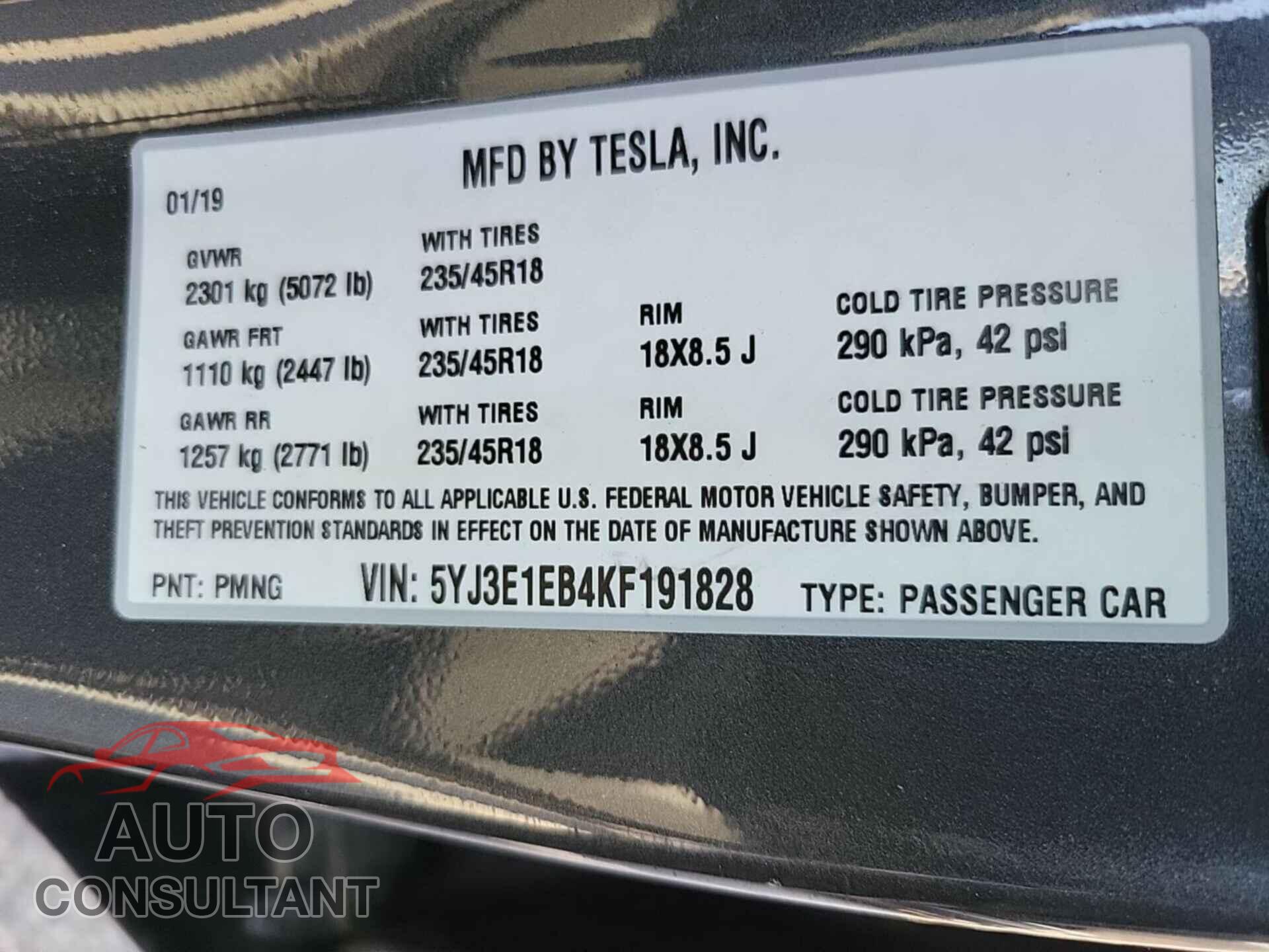TESLA MODEL 3 2019 - 5YJ3E1EB4KF191828