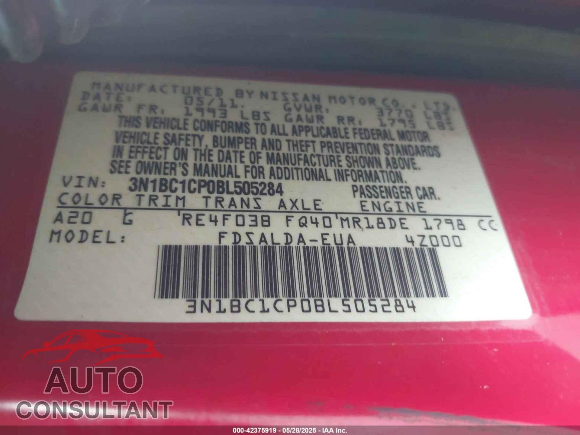NISSAN VERSA 2011 - 3N1BC1CP0BL505284