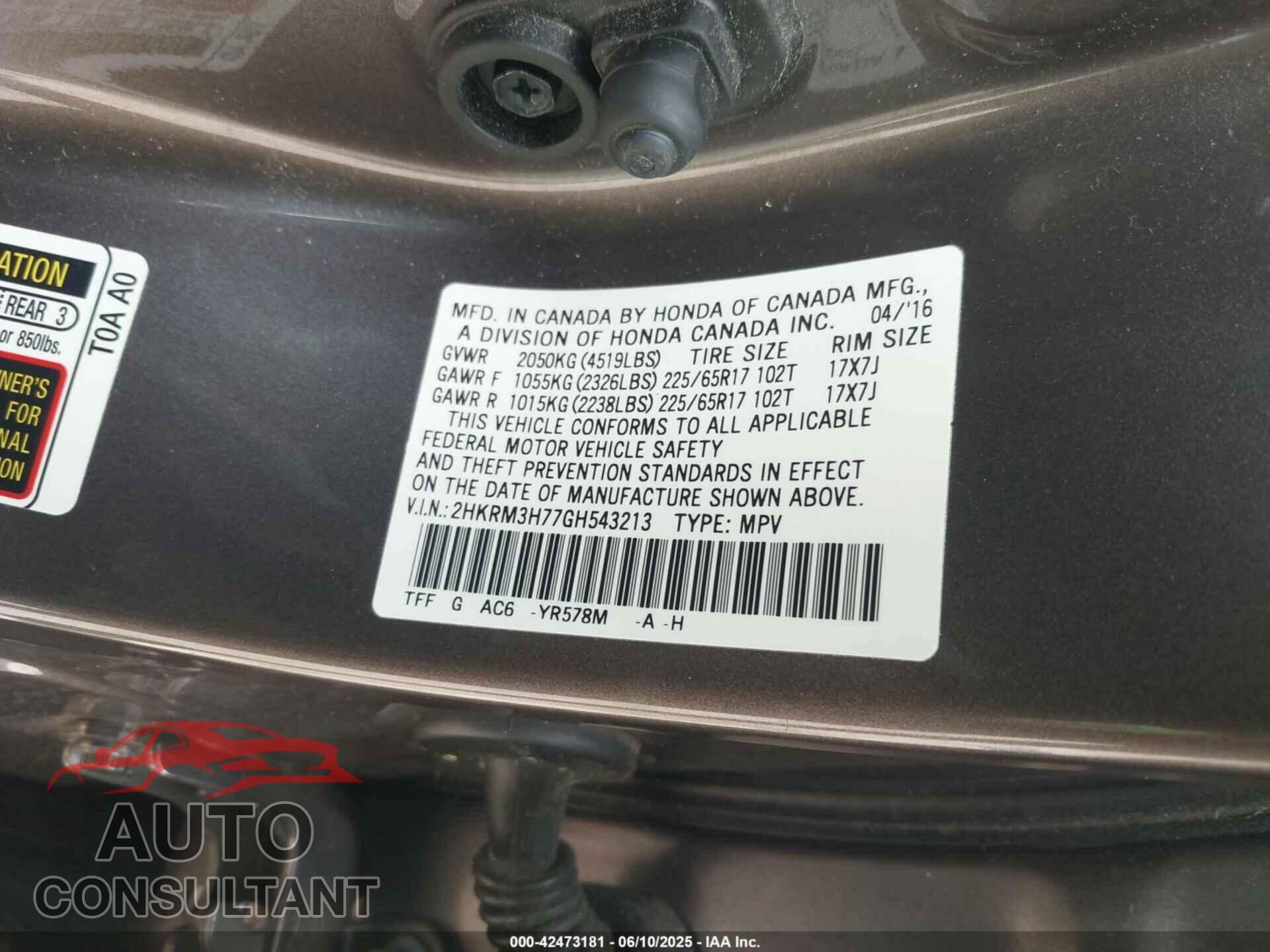 HONDA CR-V 2016 - 2HKRM3H77GH543213