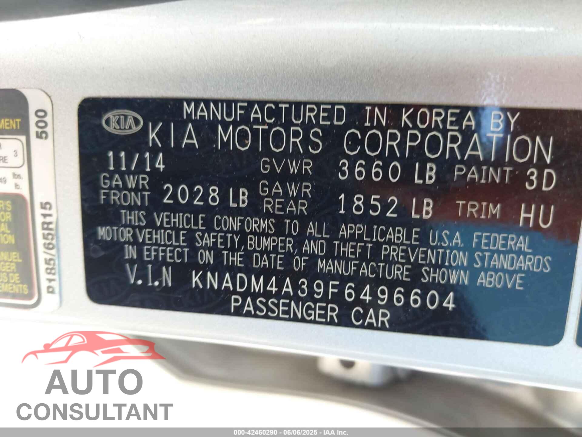 KIA RIO 2015 - KNADM4A39F6496604