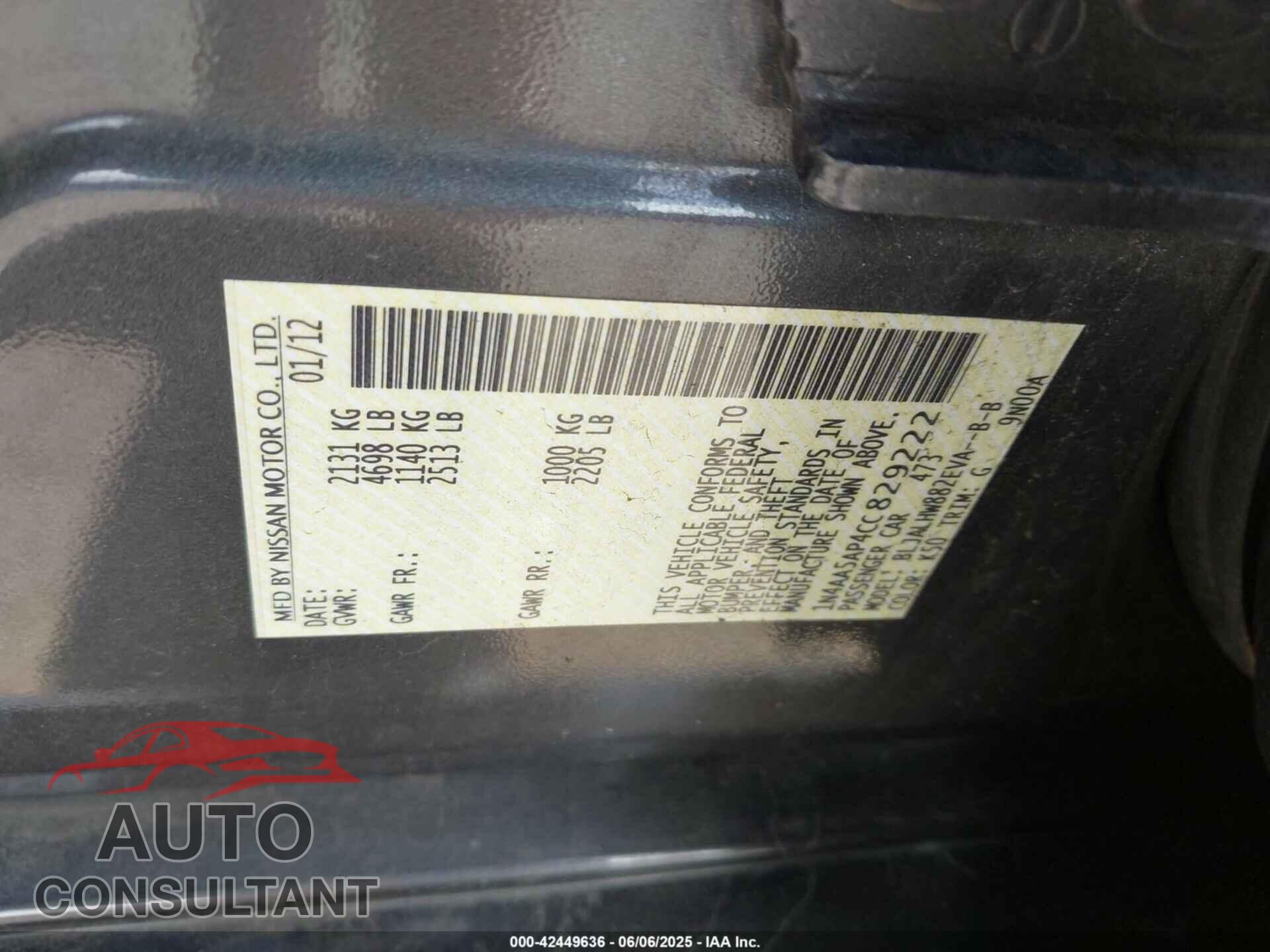 NISSAN MAXIMA 2012 - 1N4AA5AP4CC829222