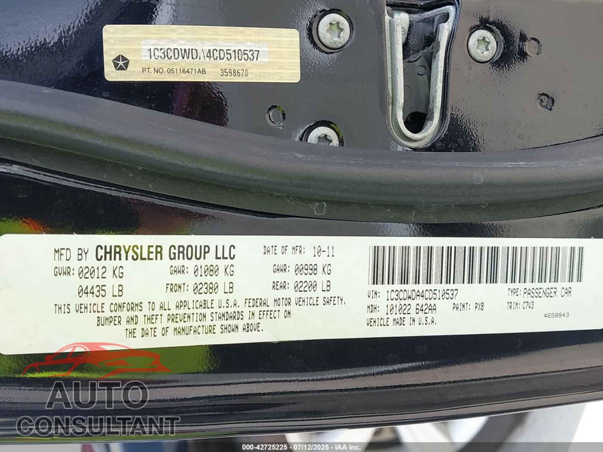 DODGE CALIBER 2012 - 1C3CDWDA4CD510537