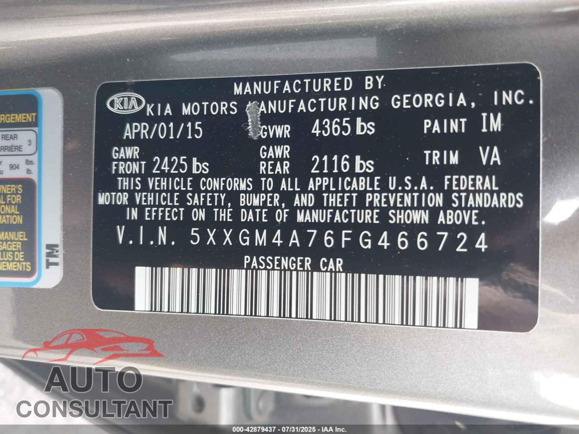 KIA OPTIMA 2015 - 5XXGM4A76FG466724