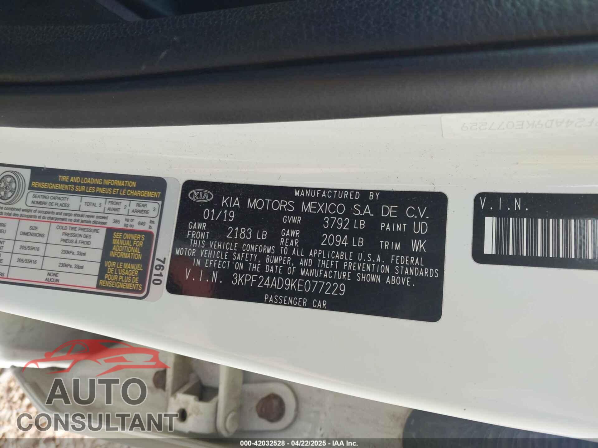 KIA FORTE 2019 - 3KPF24AD9KE077229