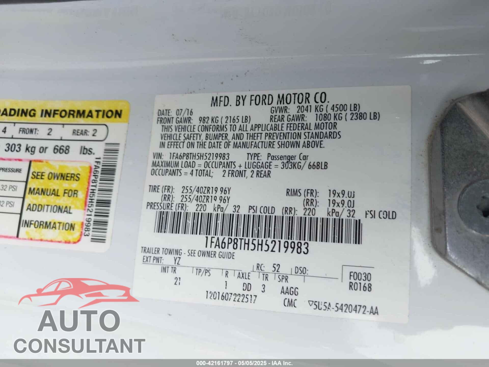 FORD MUSTANG 2017 - 1FA6P8TH5H5219983