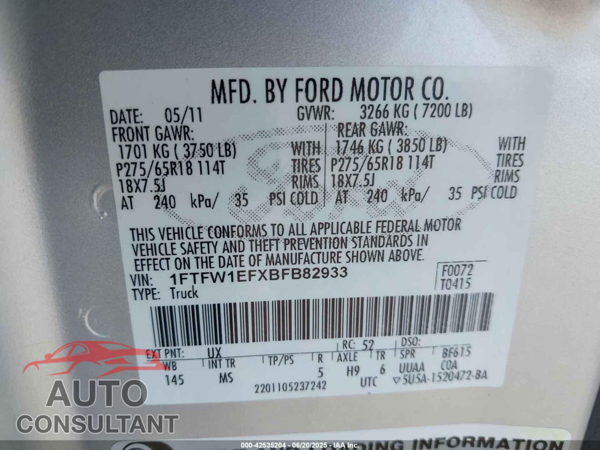 FORD F-150 2011 - 1FTFW1EFXBFB82933