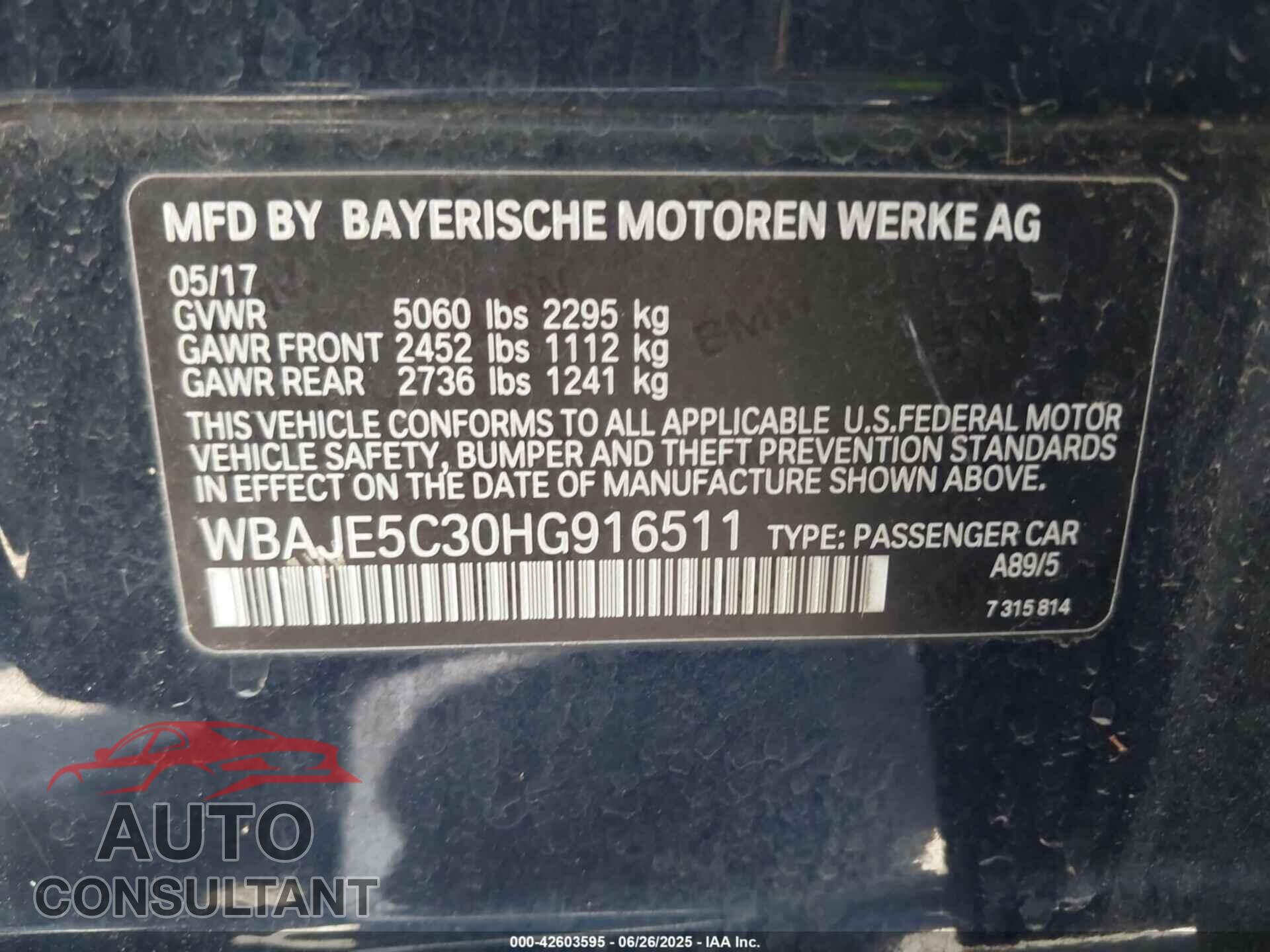 BMW 540I 2017 - WBAJE5C30HG916511