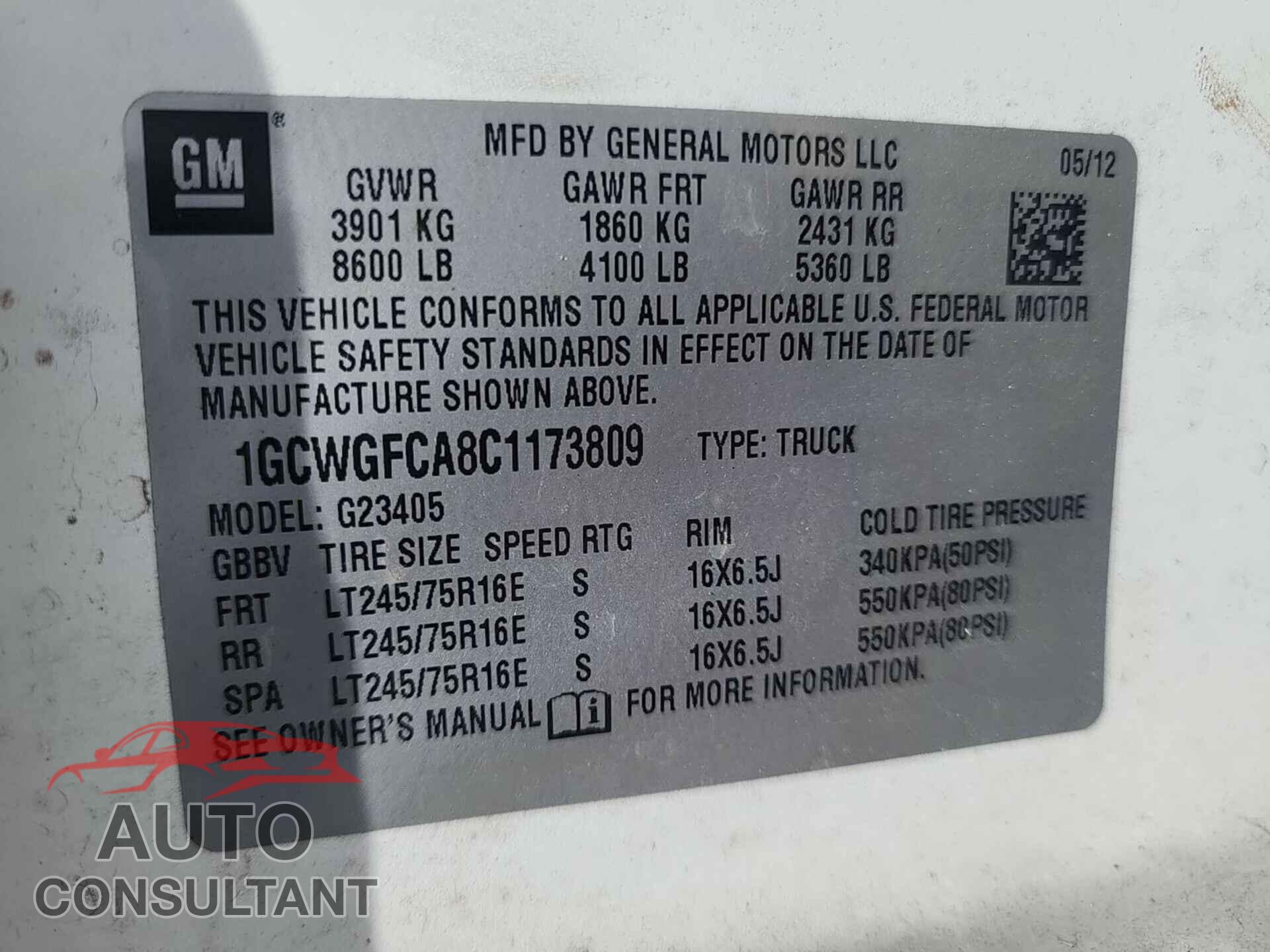 CHEVROLET EXPRESS G2500 2012 - 1GCWGFCA8C1173809