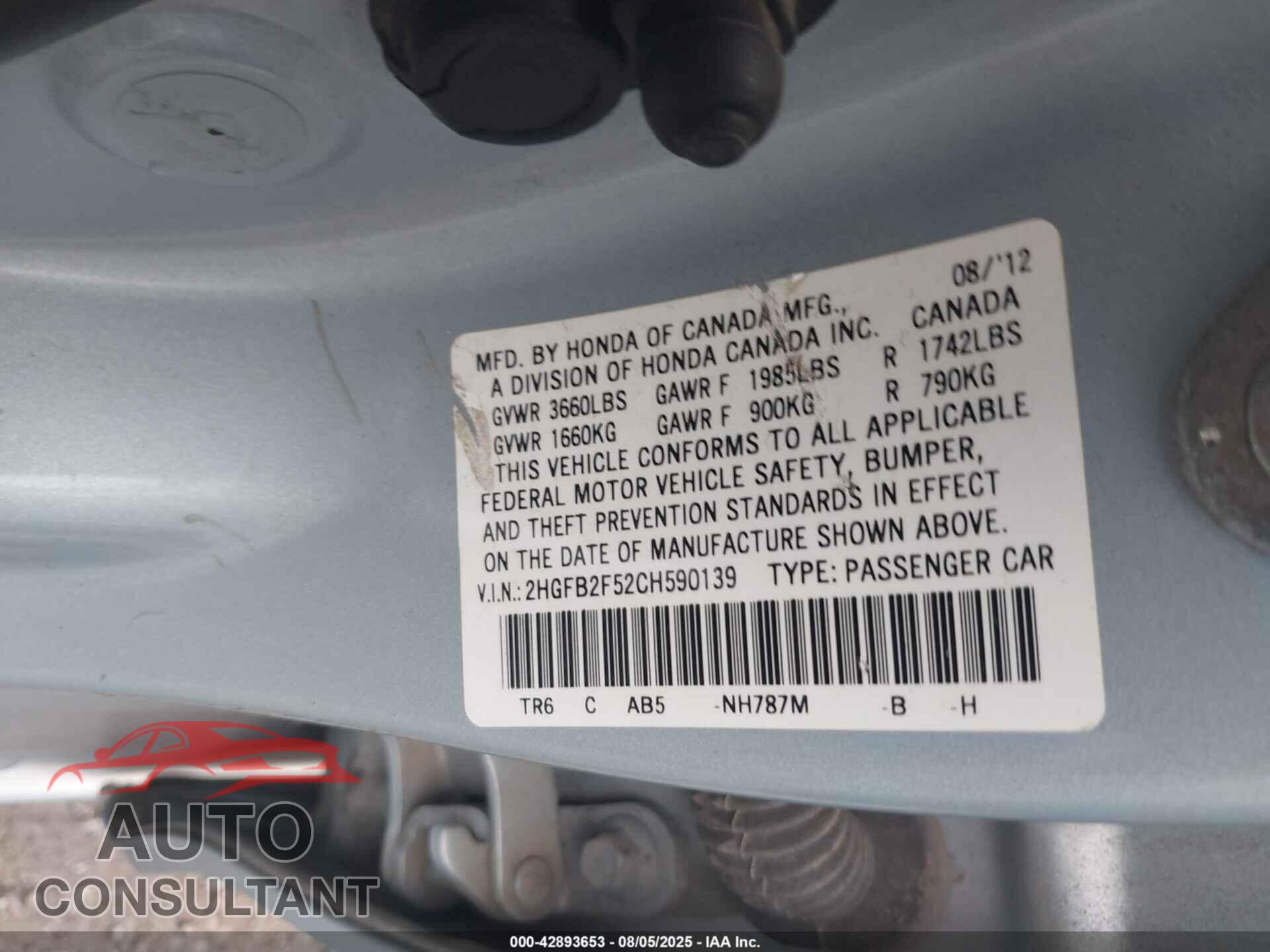HONDA CIVIC 2012 - 2HGFB2F52CH590139