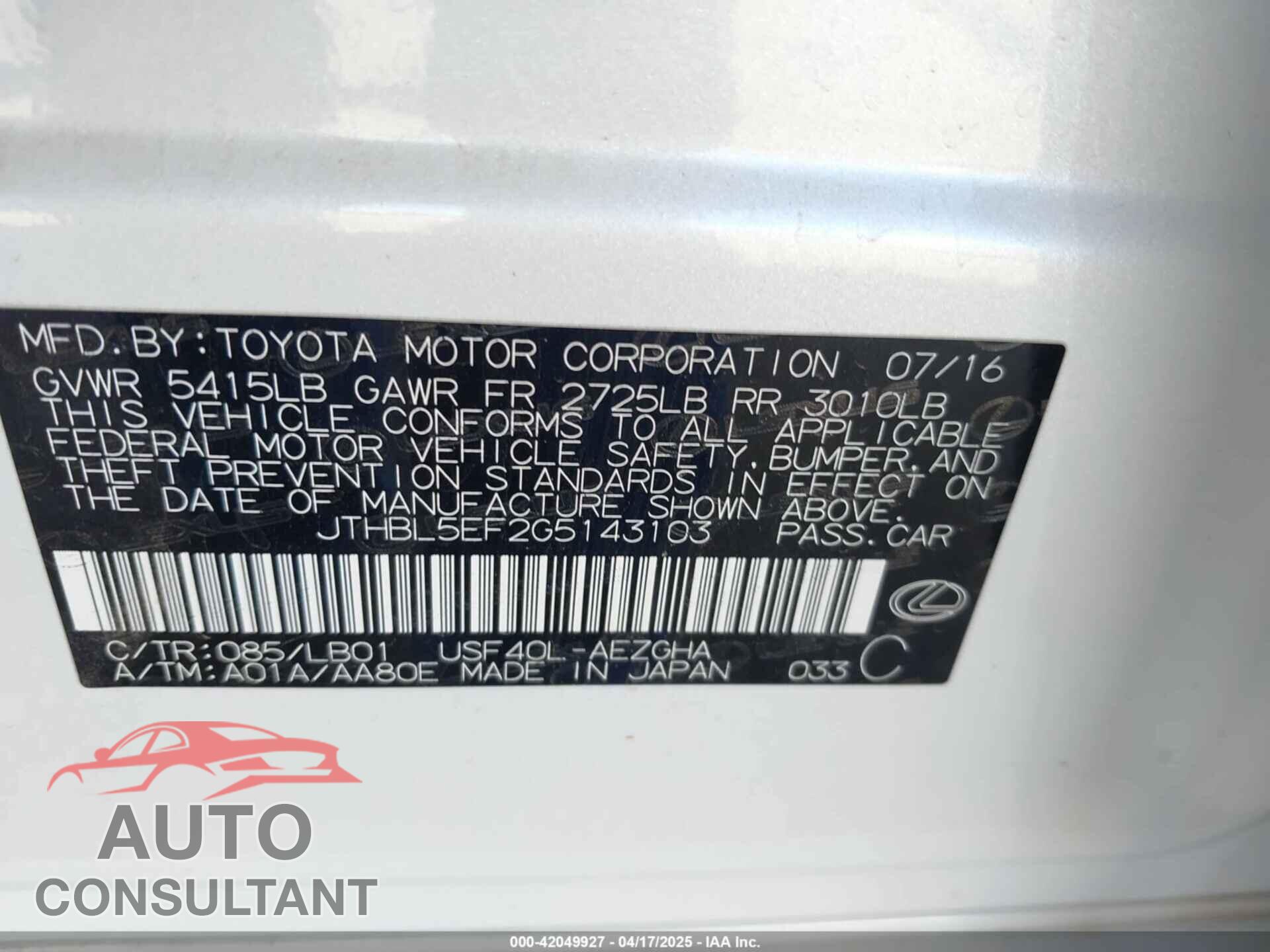LEXUS LS 460 2016 - JTHBL5EF2G5143103