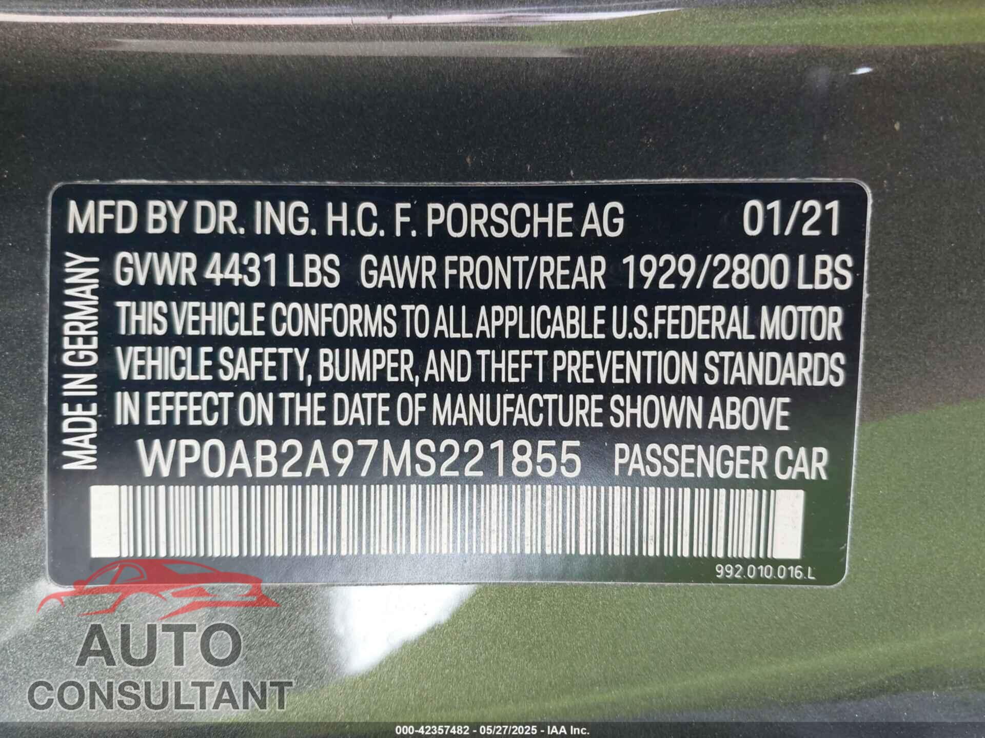 PORSCHE 911 2021 - WP0AB2A97MS221855