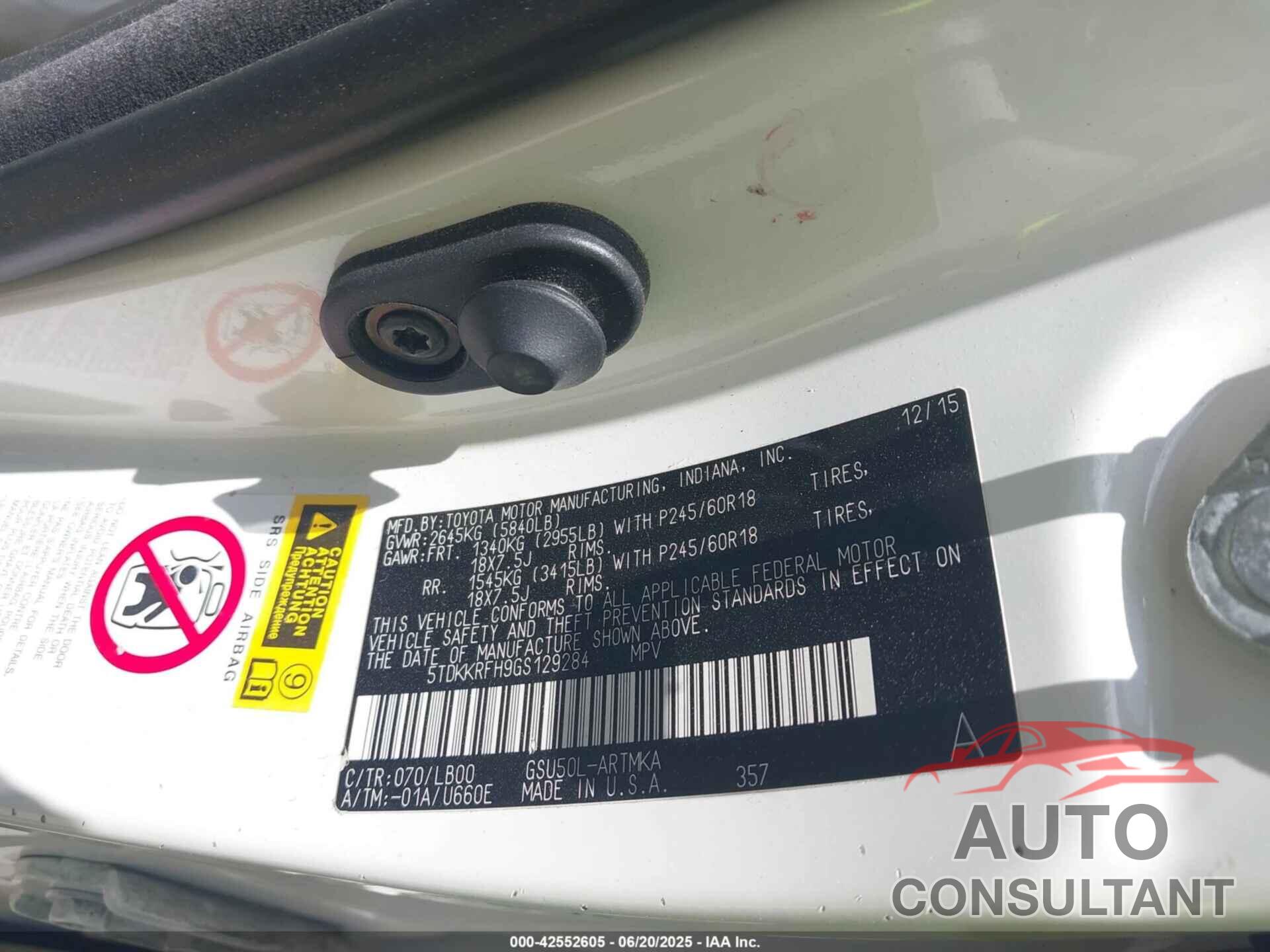 TOYOTA HIGHLANDER 2016 - 5TDKKRFH9GS129284