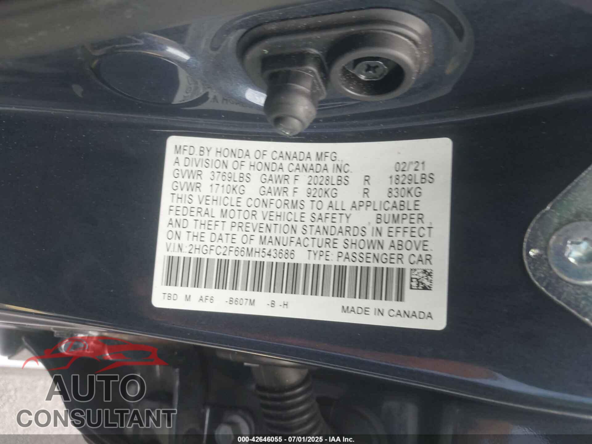 HONDA CIVIC 2021 - 2HGFC2F66MH543686