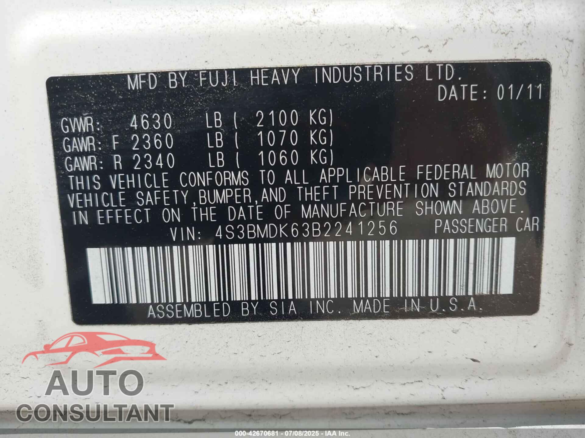 SUBARU LEGACY 2011 - 4S3BMDK63B2241256