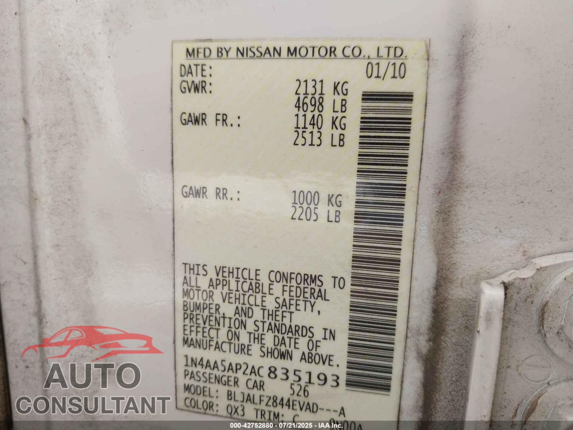 NISSAN MAXIMA 2010 - 1N4AA5AP2AC835193
