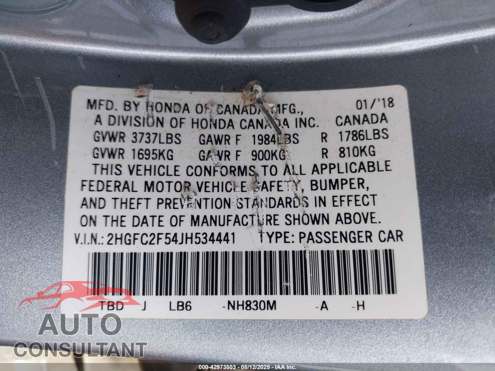 HONDA CIVIC 2018 - 2HGFC2F54JH534441