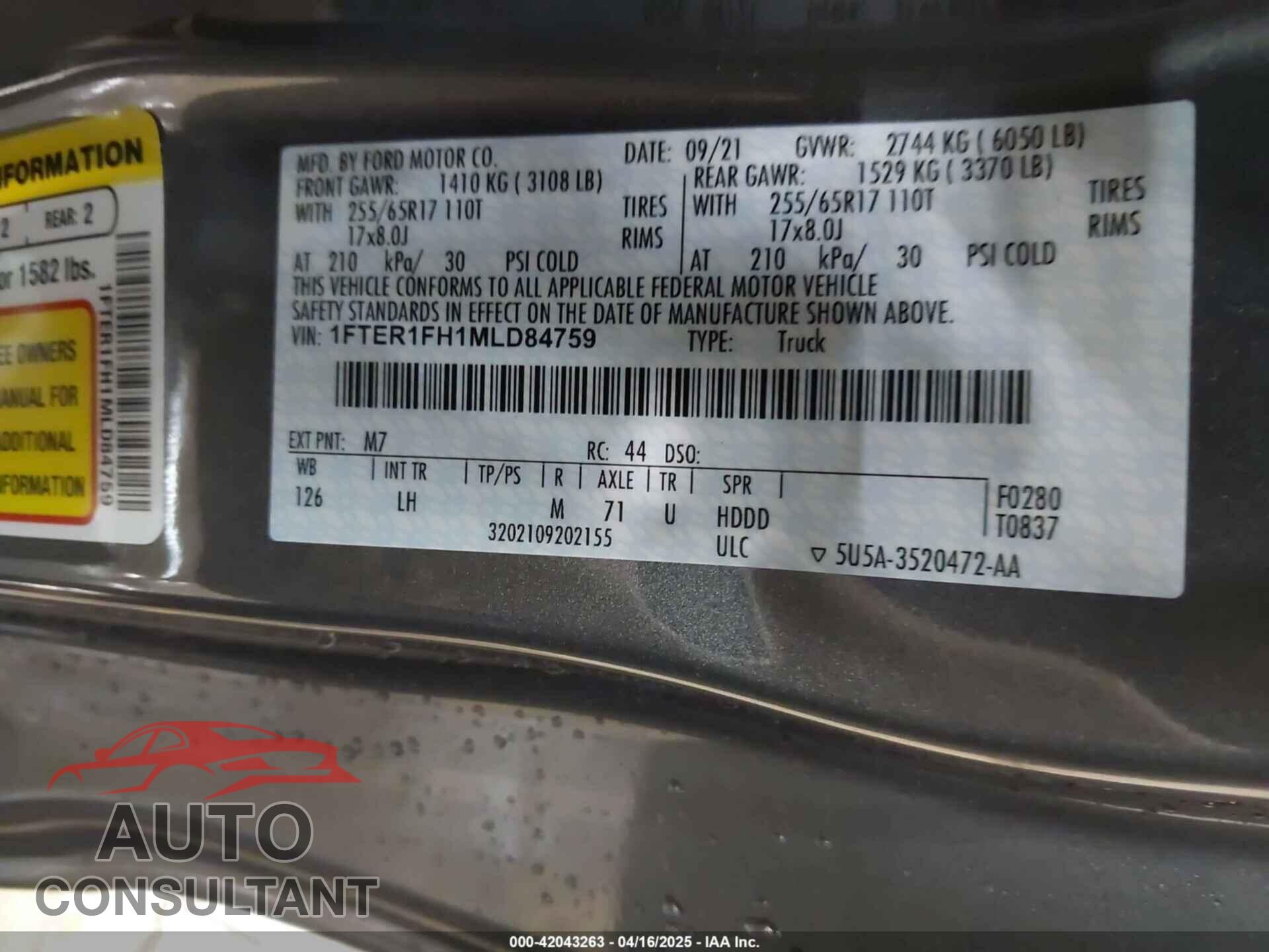 FORD RANGER 2021 - 1FTER1FH1MLD84759