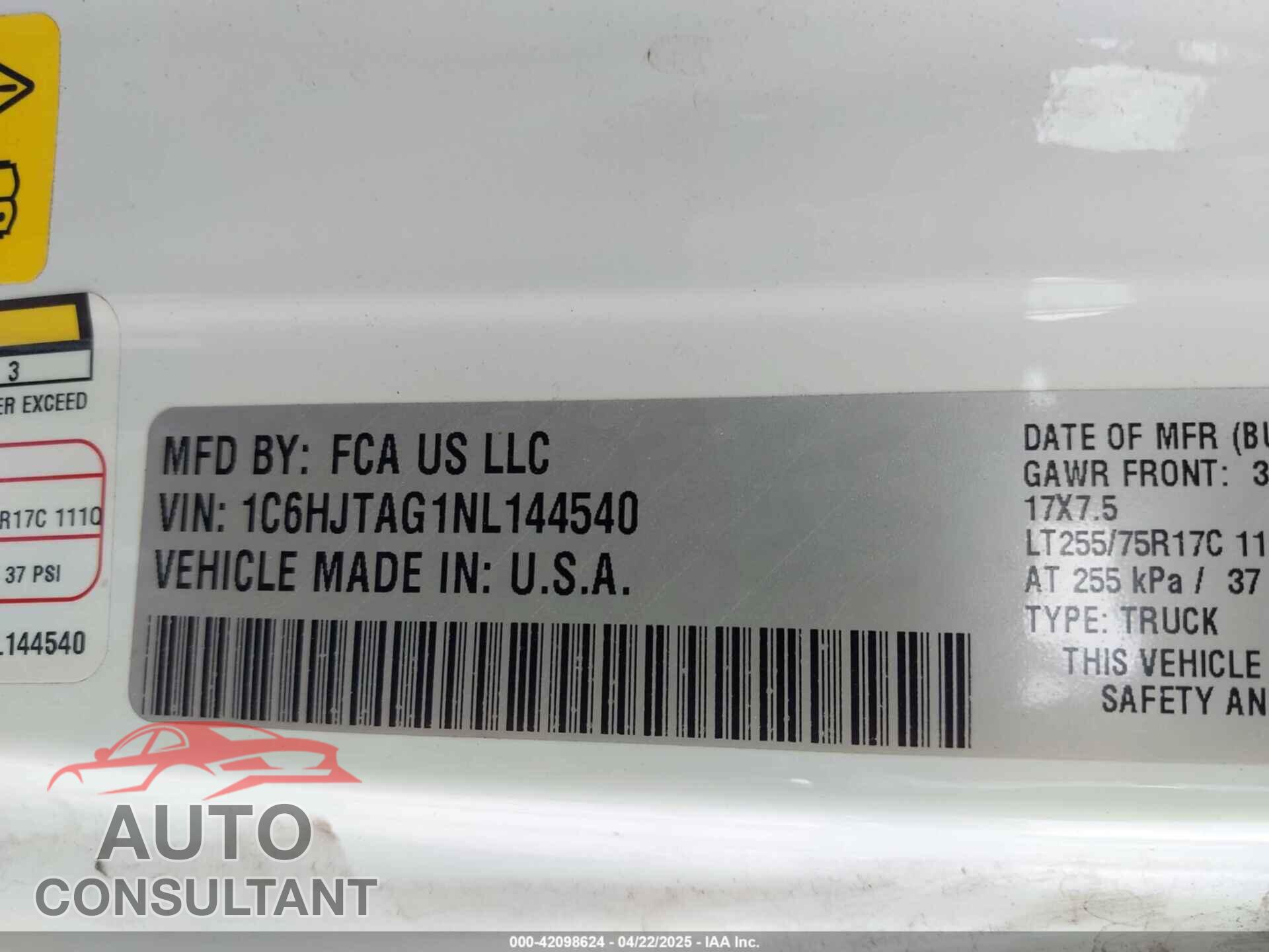 JEEP GLADIATOR 2022 - 1C6HJTAG1NL144540