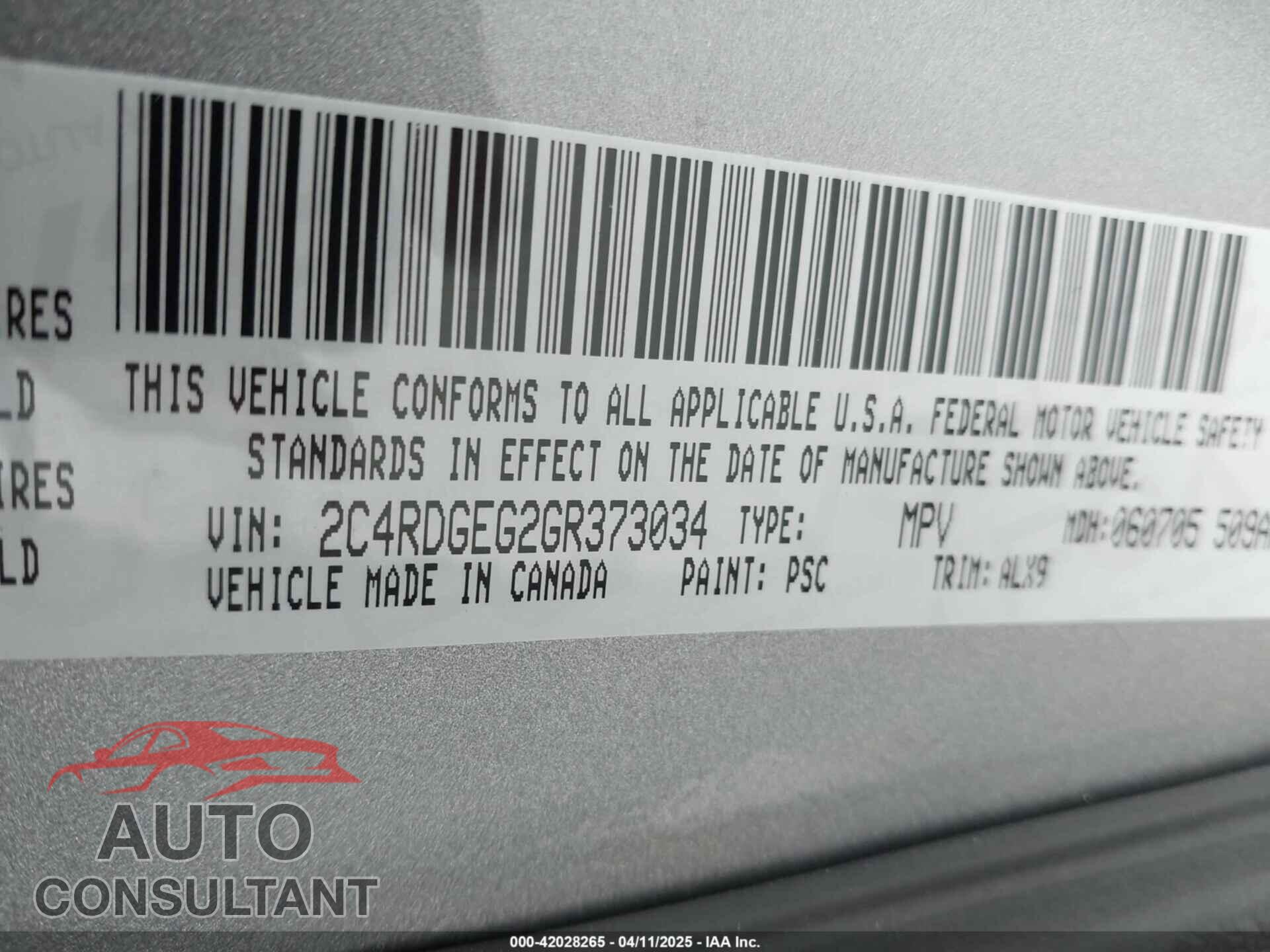DODGE GRAND CARAVAN 2016 - 2C4RDGEG2GR373034