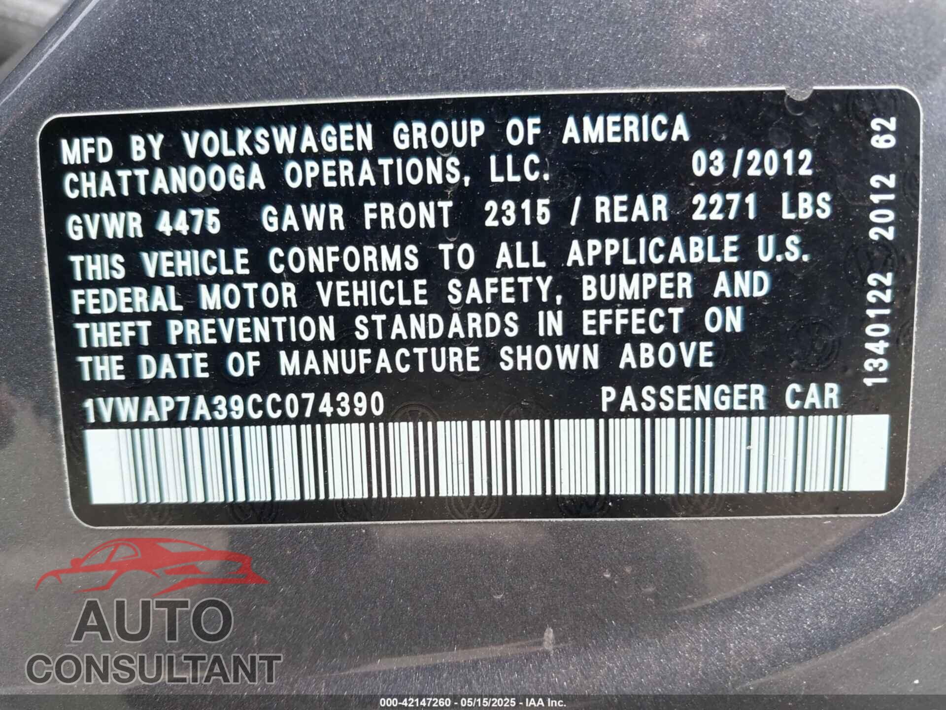 VOLKSWAGEN PASSAT 2012 - 1VWAP7A39CC074390