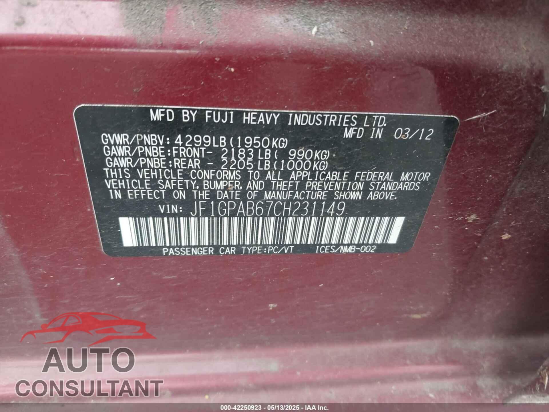 SUBARU IMPREZA 2012 - JF1GPAB67CH231149
