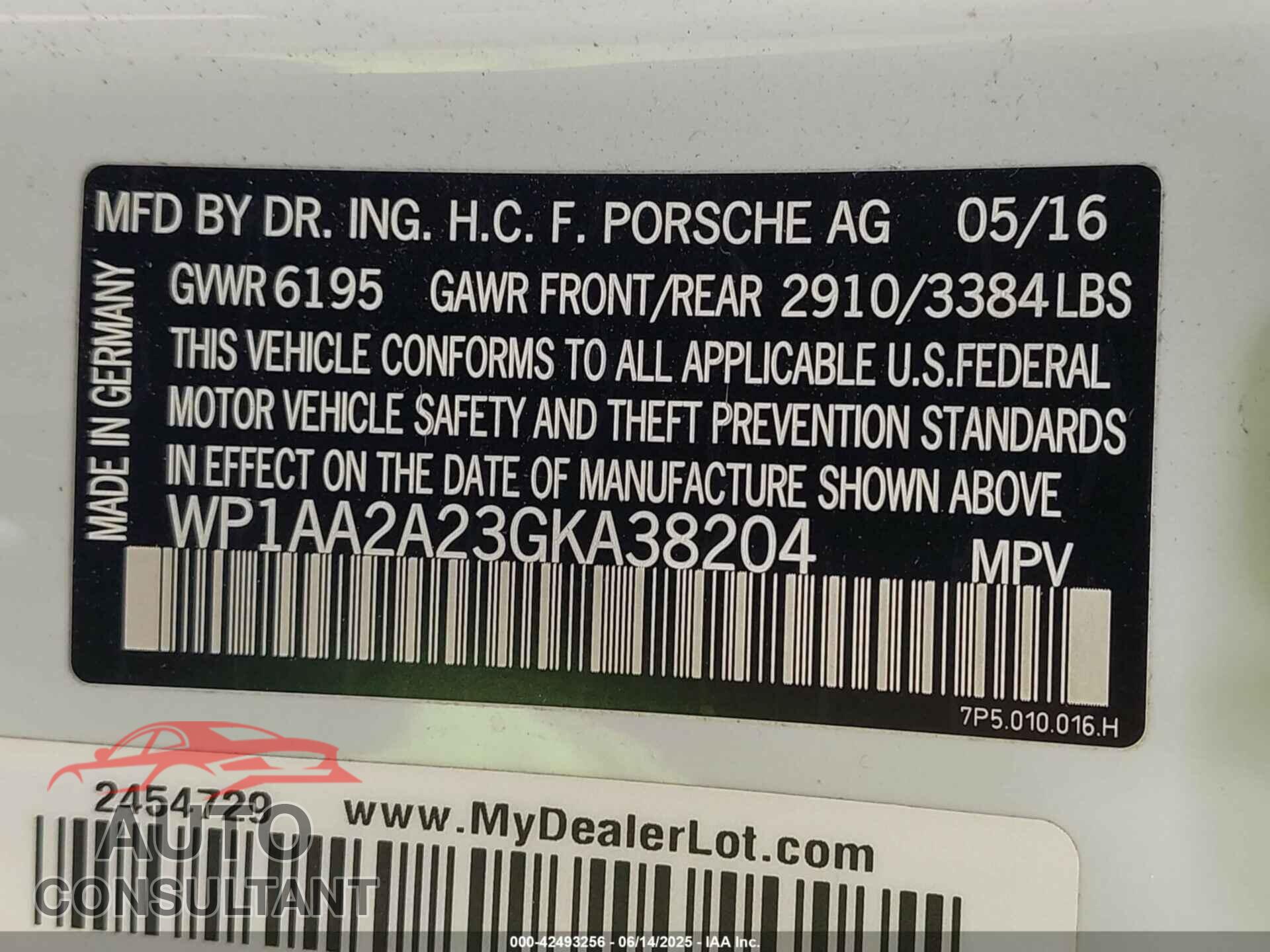 PORSCHE CAYENNE 2016 - WP1AA2A23GKA38204
