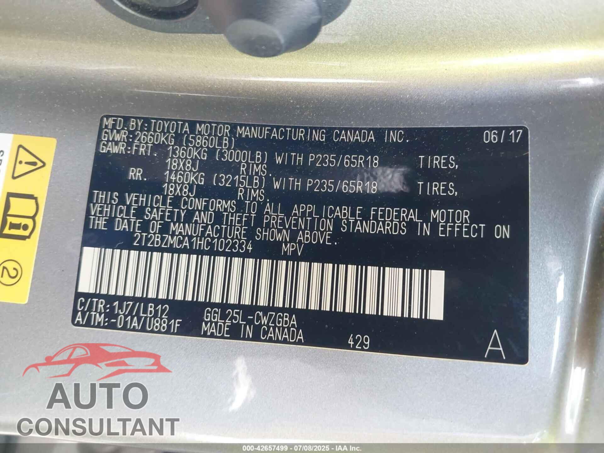 LEXUS RX 350 2017 - 2T2BZMCA1HC102334
