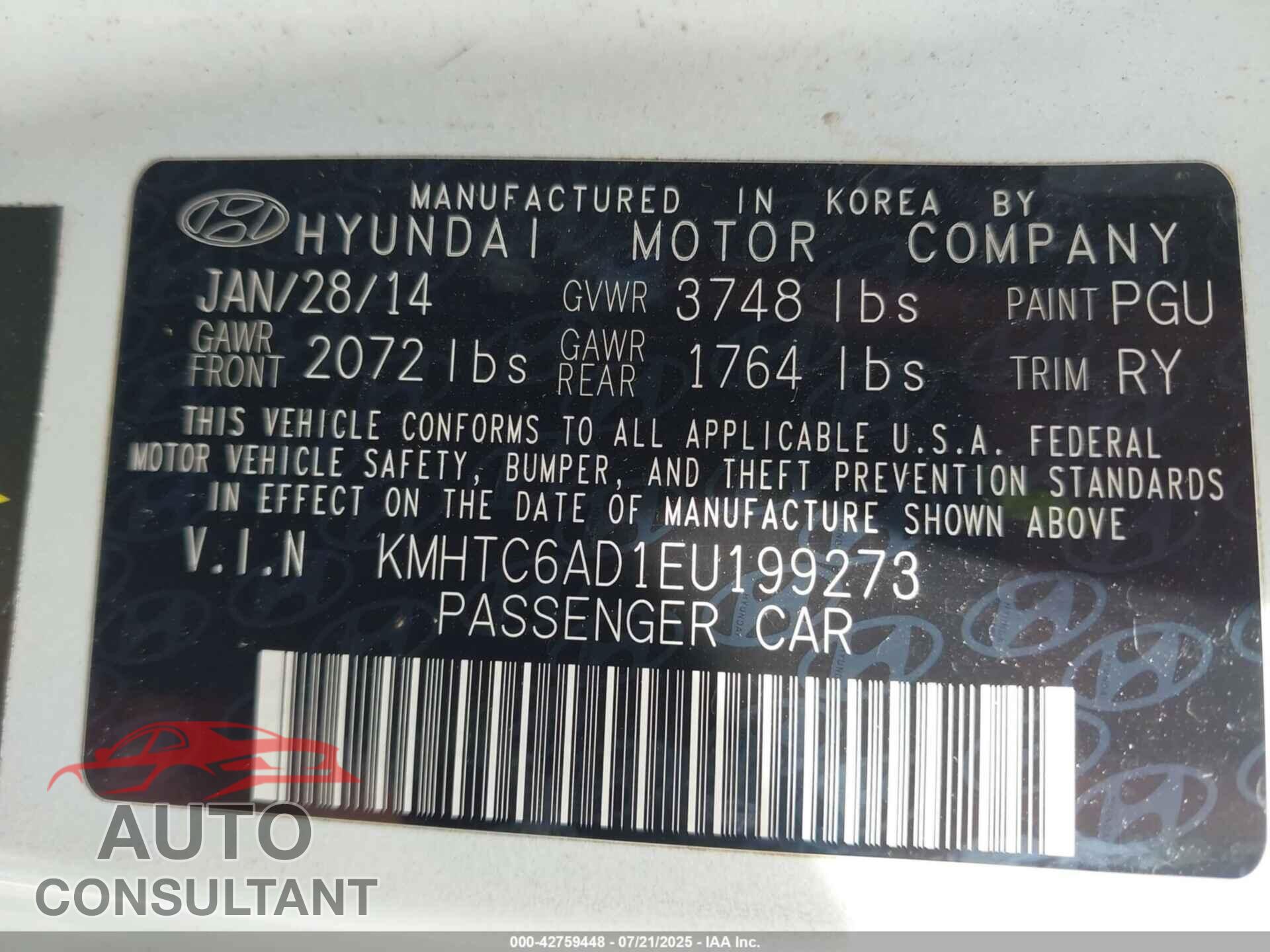 HYUNDAI VELOSTER 2014 - KMHTC6AD1EU199273