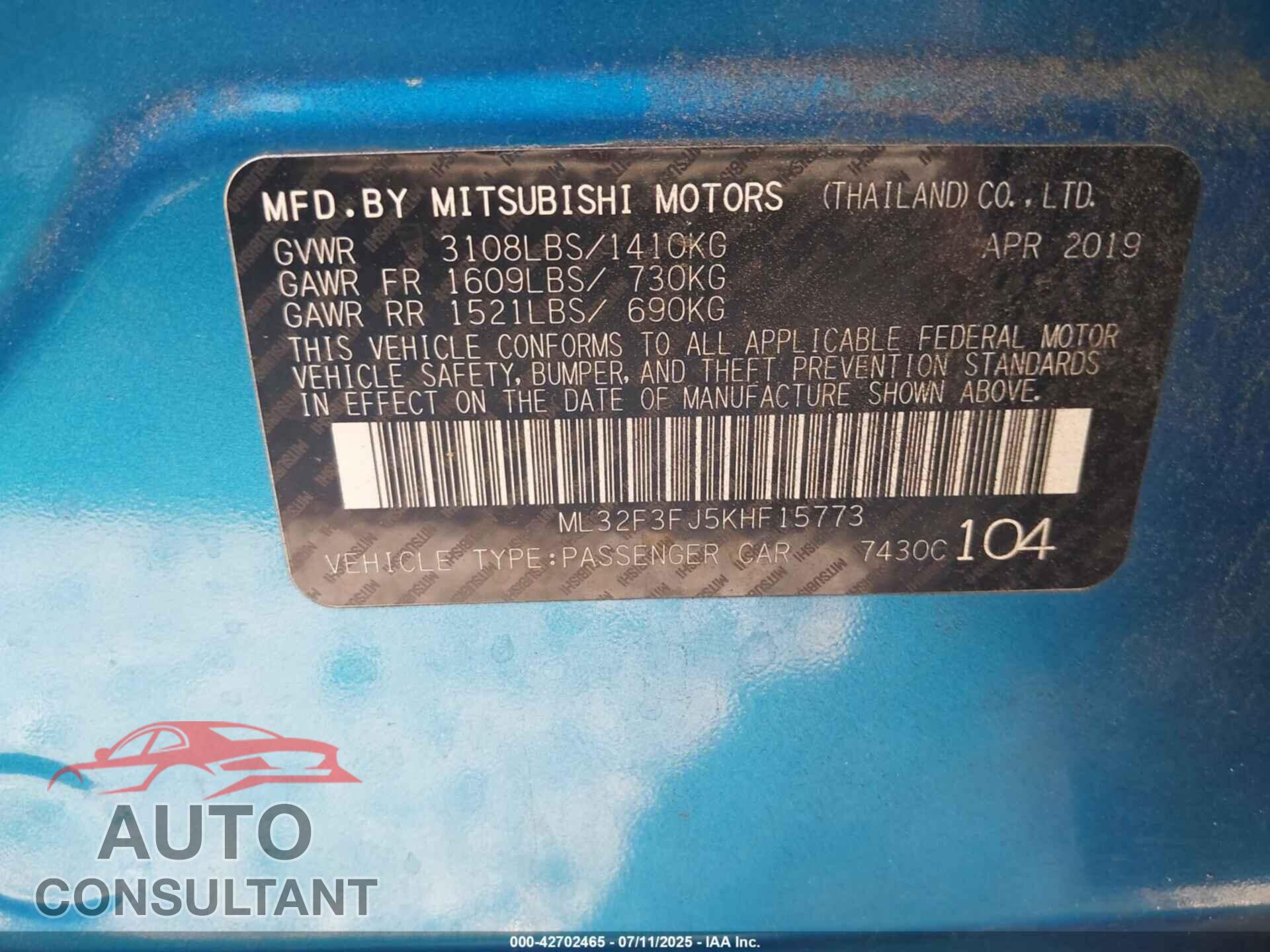 MITSUBISHI MIRAGE G4 2019 - ML32F3FJ5KHF15773