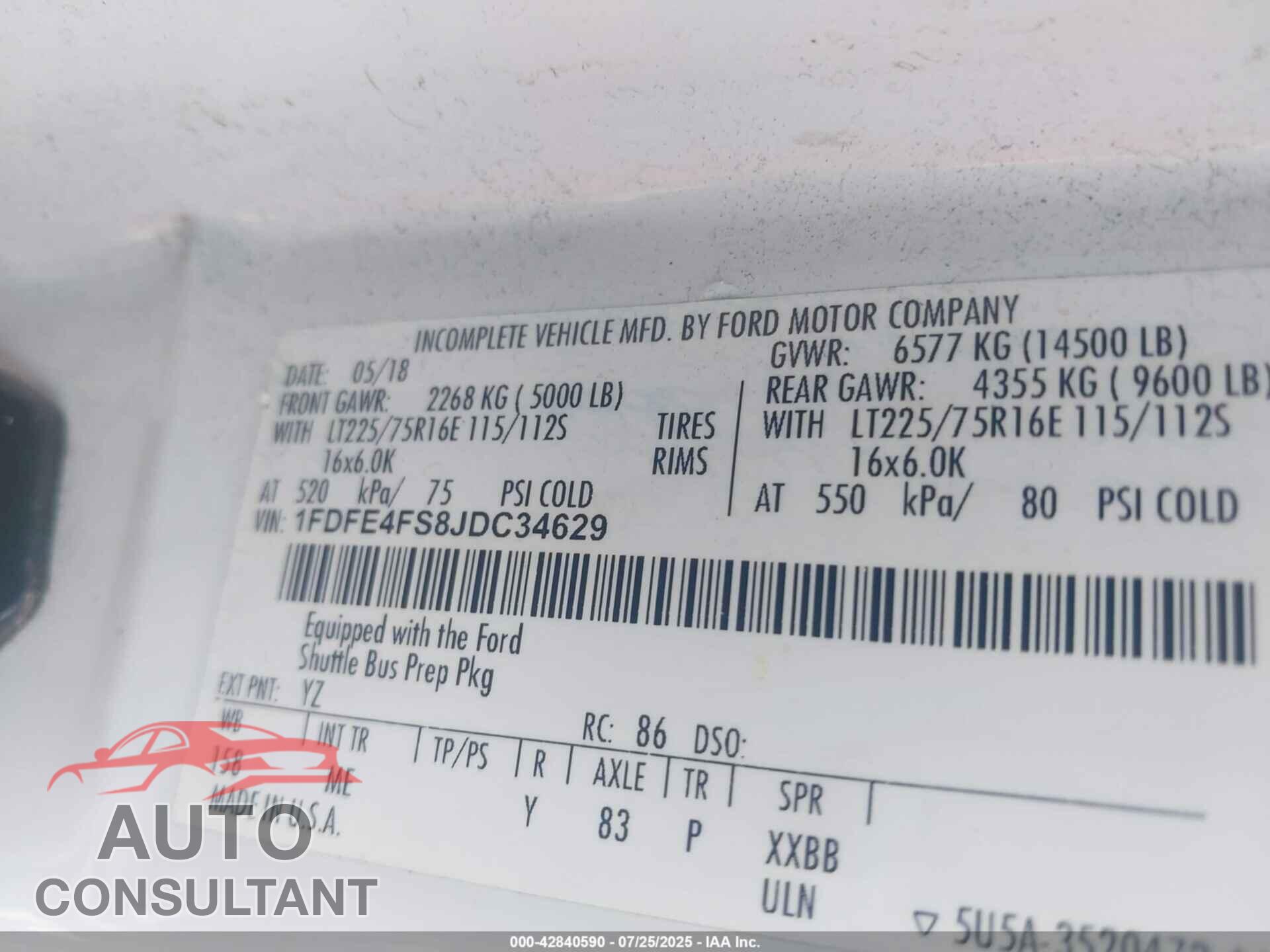 FORD E-450 CUTAWAY 2018 - 1FDFE4FS8JDC34629