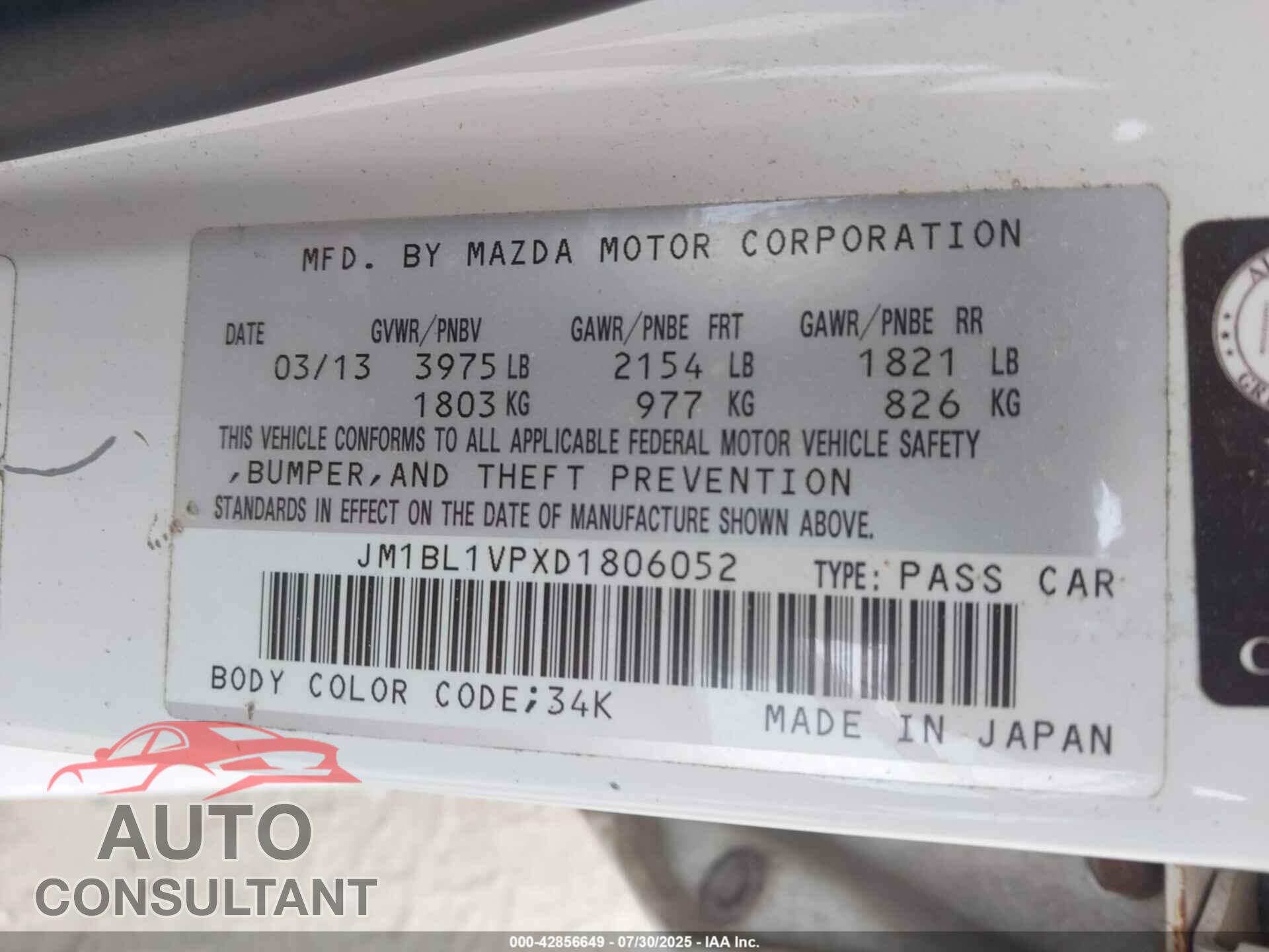 MAZDA MAZDA3 2013 - JM1BL1VPXD1806052