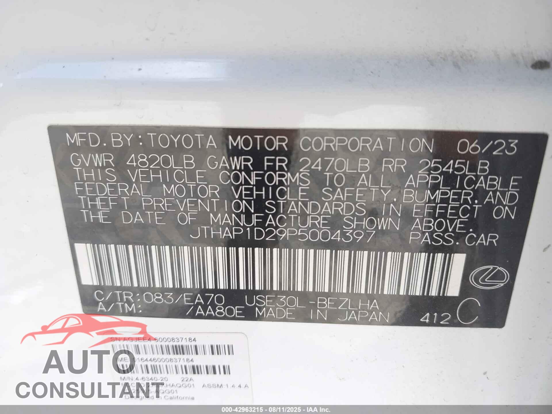 LEXUS IS 500 2023 - JTHAP1D29P5004397