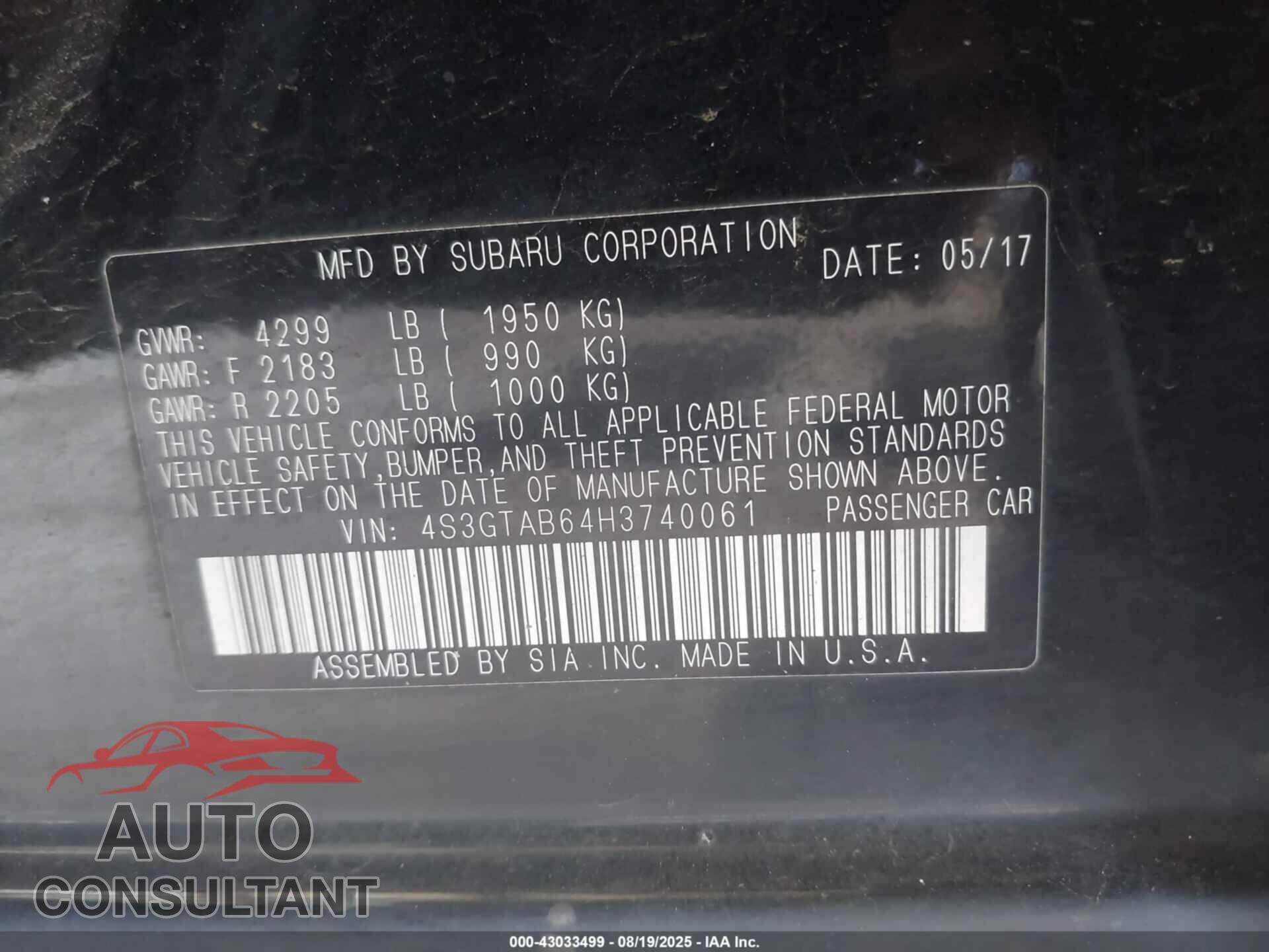 SUBARU IMPREZA 2017 - 4S3GTAB64H3740061