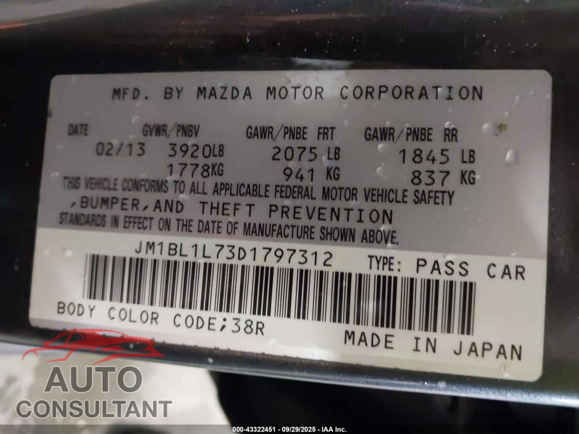 MAZDA MAZDA3 2013 - JM1BL1L73D1797312