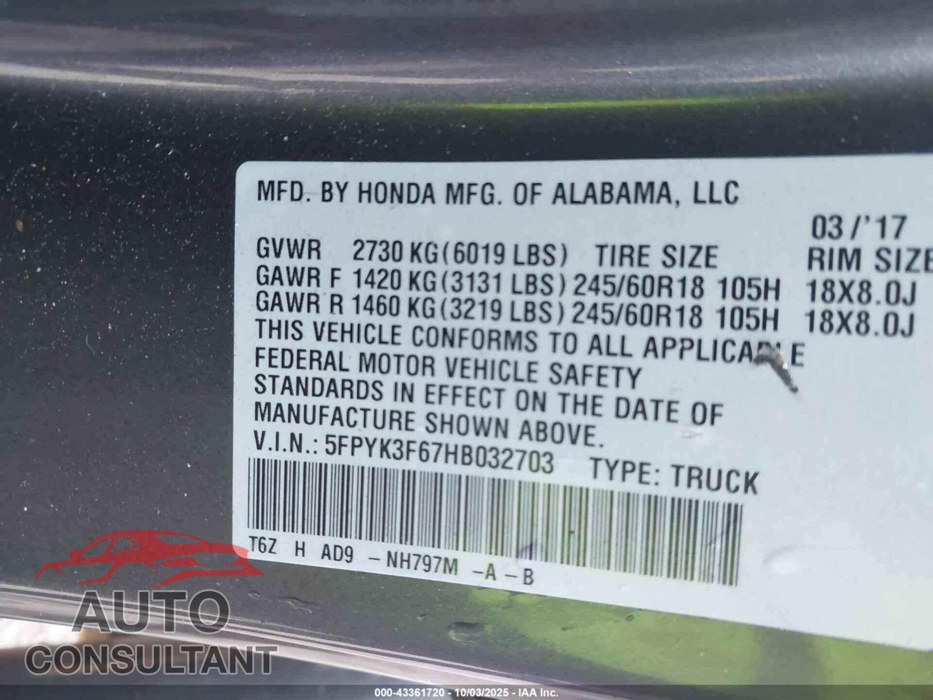 HONDA RIDGELINE 2017 - 5FPYK3F67HB032703