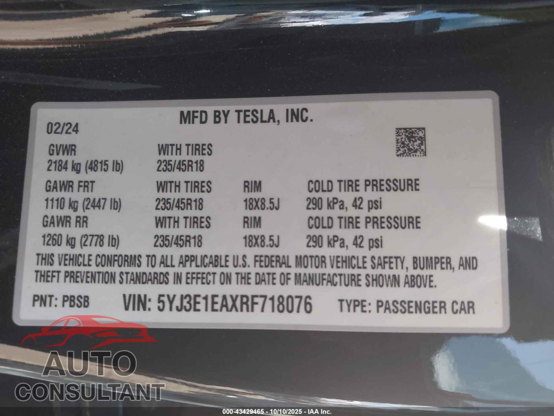 TESLA MODEL 3 2024 - 5YJ3E1EAXRF718076