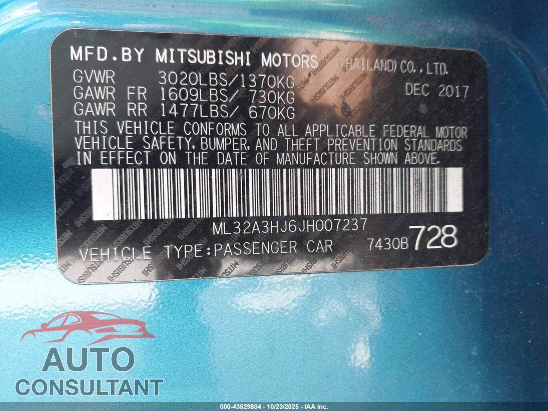 MITSUBISHI MIRAGE 2018 - ML32A3HJ6JH007237