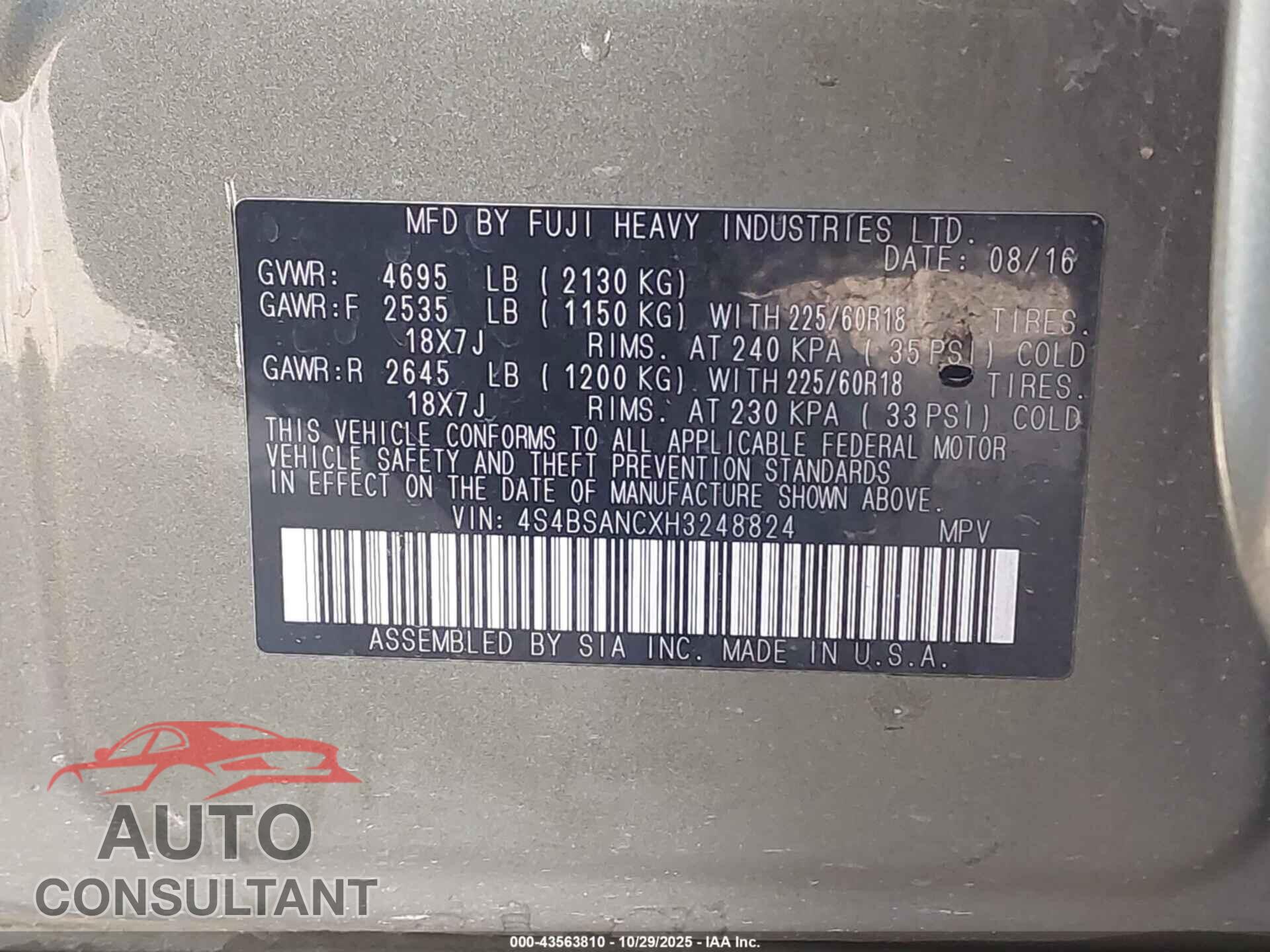 SUBARU OUTBACK 2017 - 4S4BSANCXH3248824
