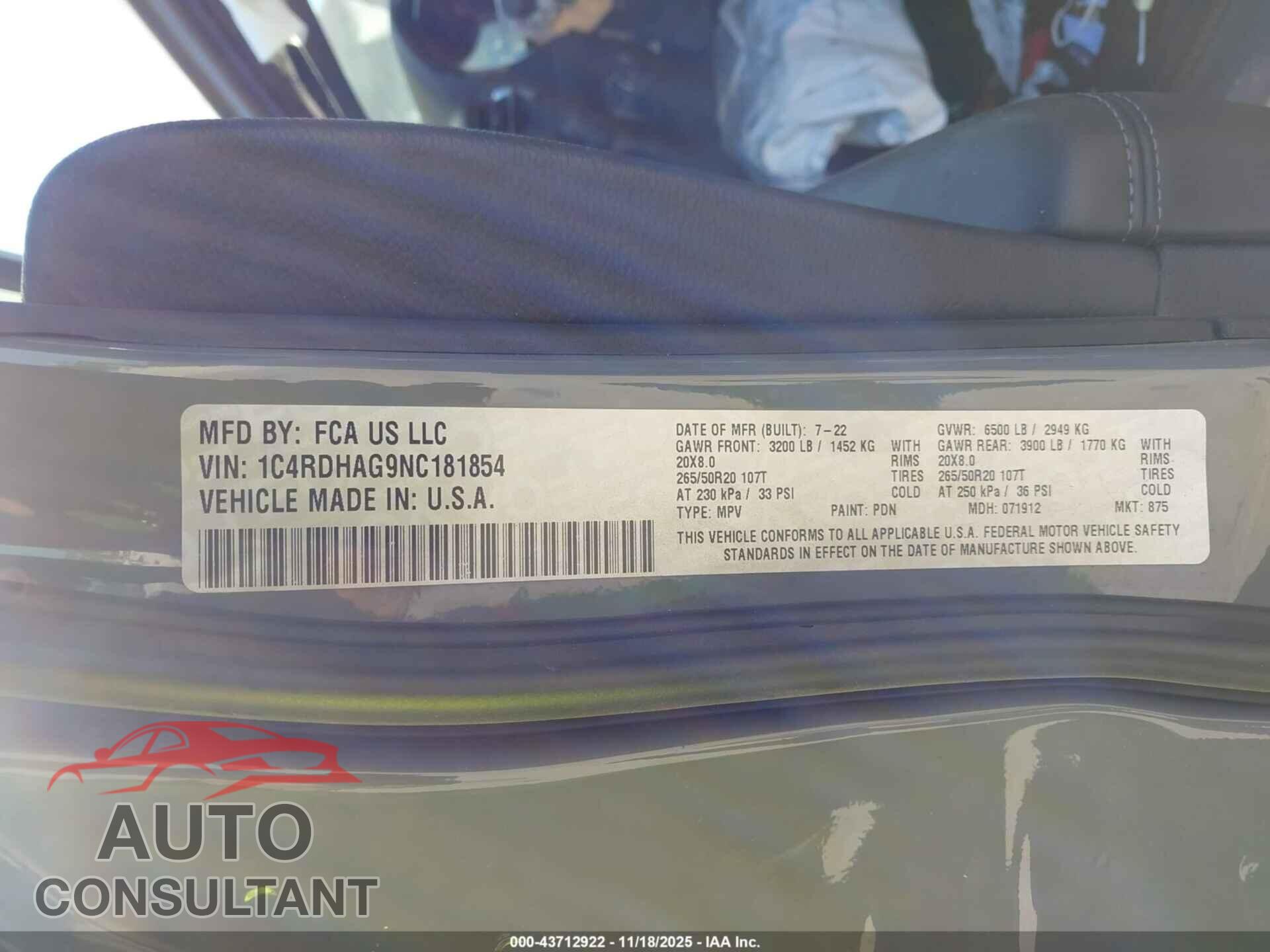 DODGE DURANGO 2022 - 1C4RDHAG9NC181854