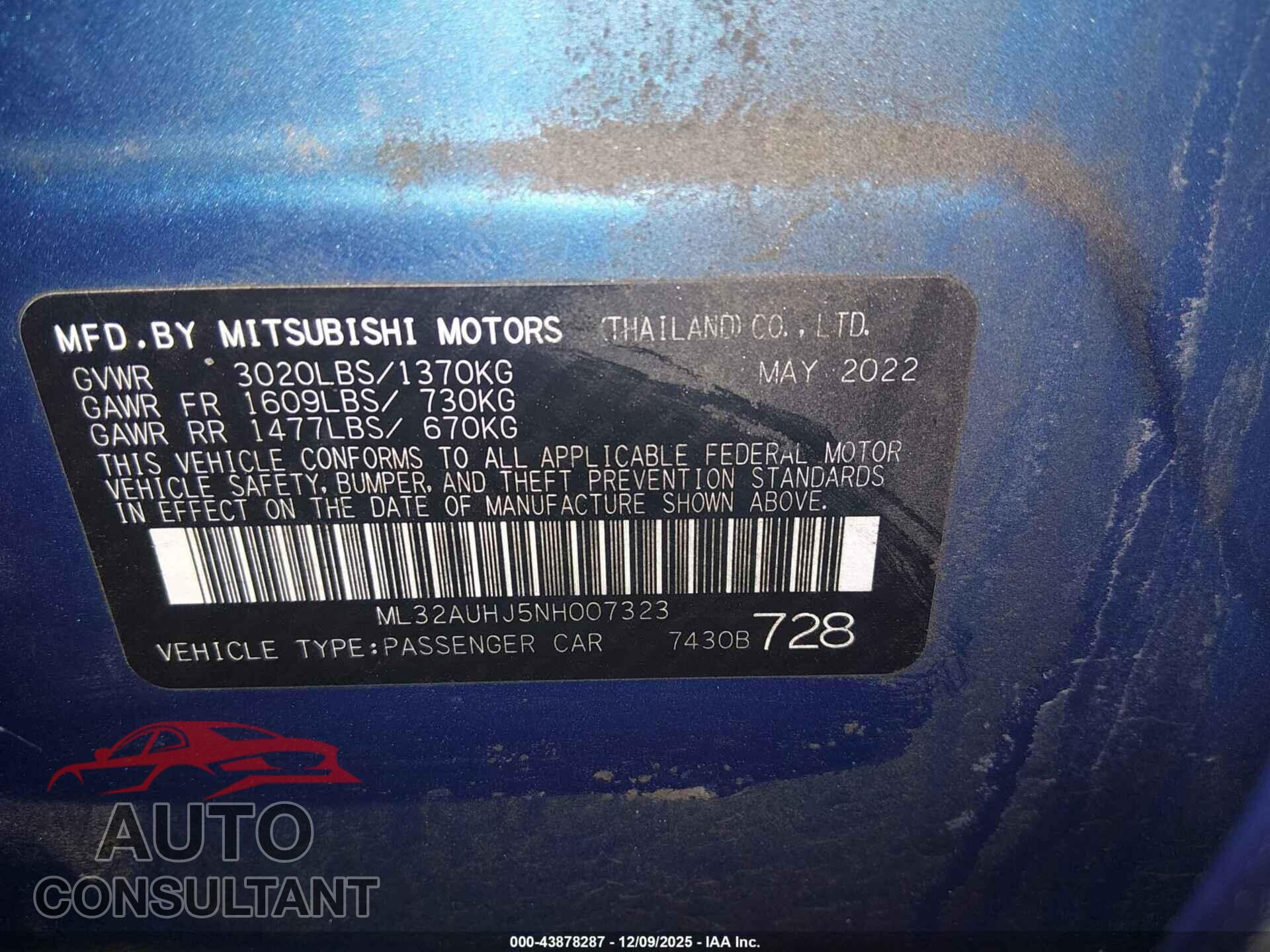 MITSUBISHI MIRAGE 2022 - ML32AUHJ5NH007323