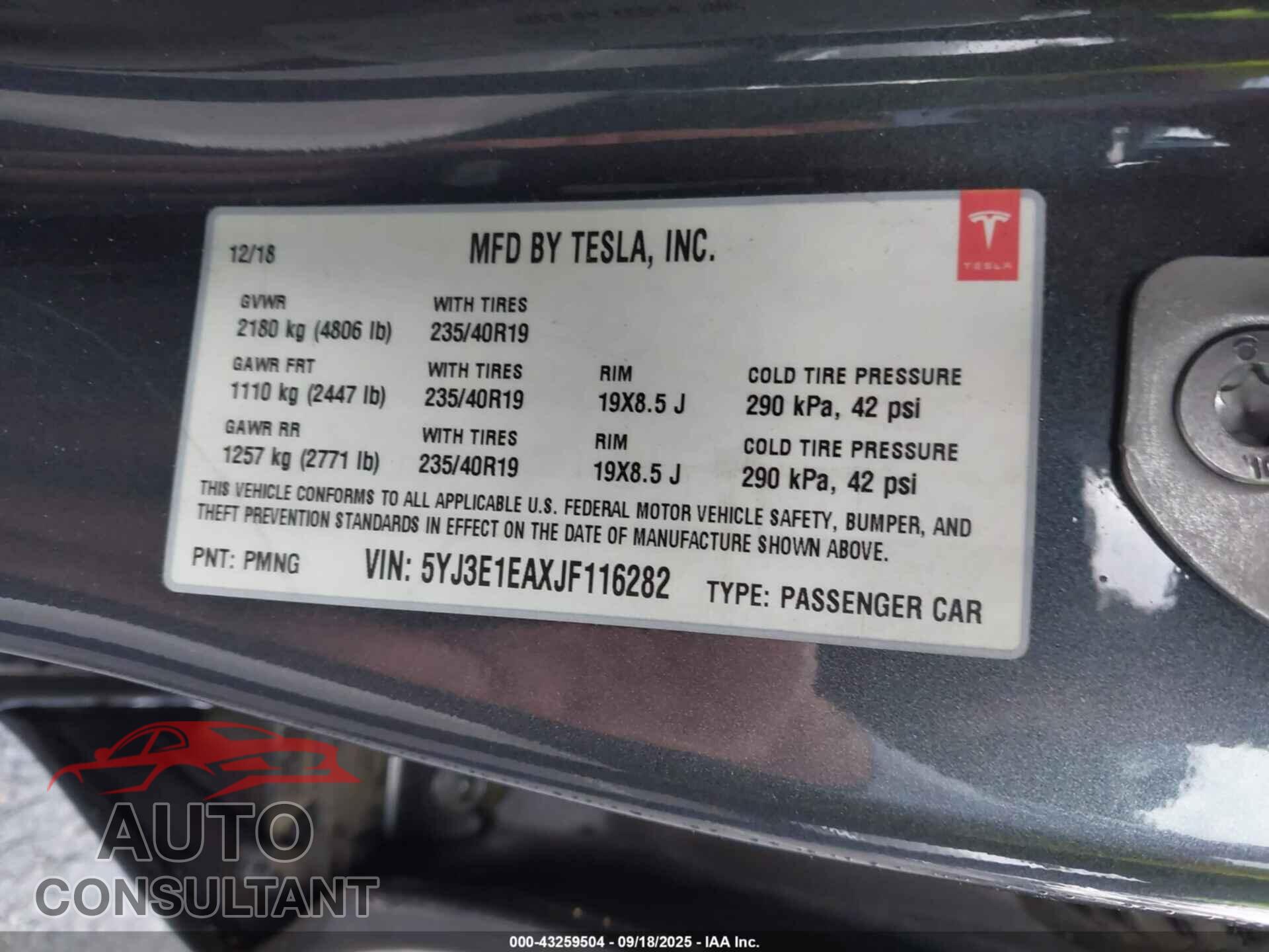 TESLA MODEL 3 2018 - 5YJ3E1EAXJF116282