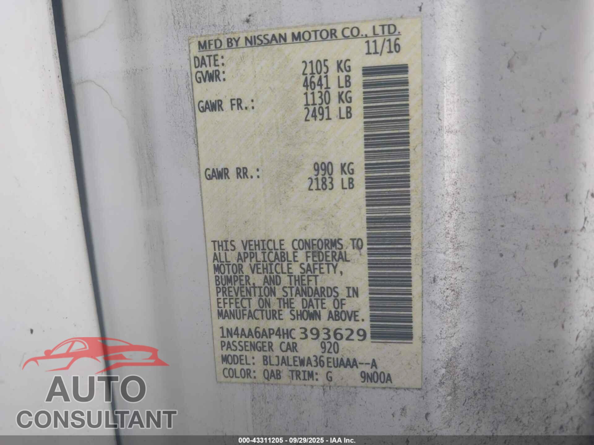 NISSAN MAXIMA 2017 - 1N4AA6AP4HC393629