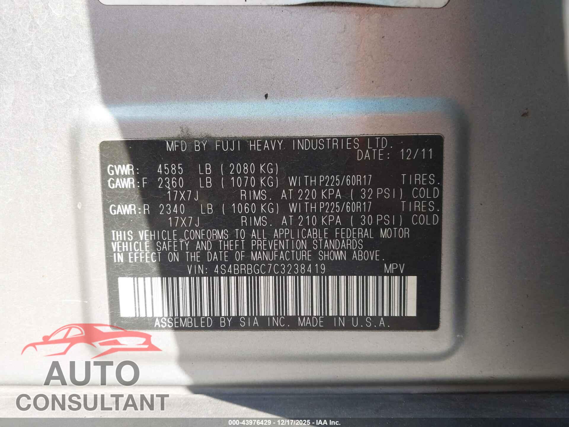 SUBARU OUTBACK 2012 - 4S4BRBGC7C3238419