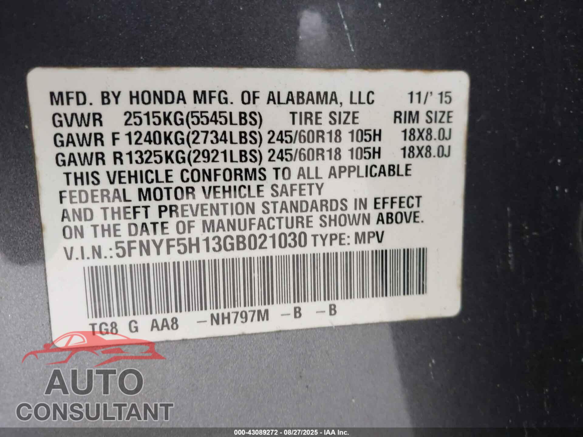 HONDA PILOT 2016 - 5FNYF5H13GB021030