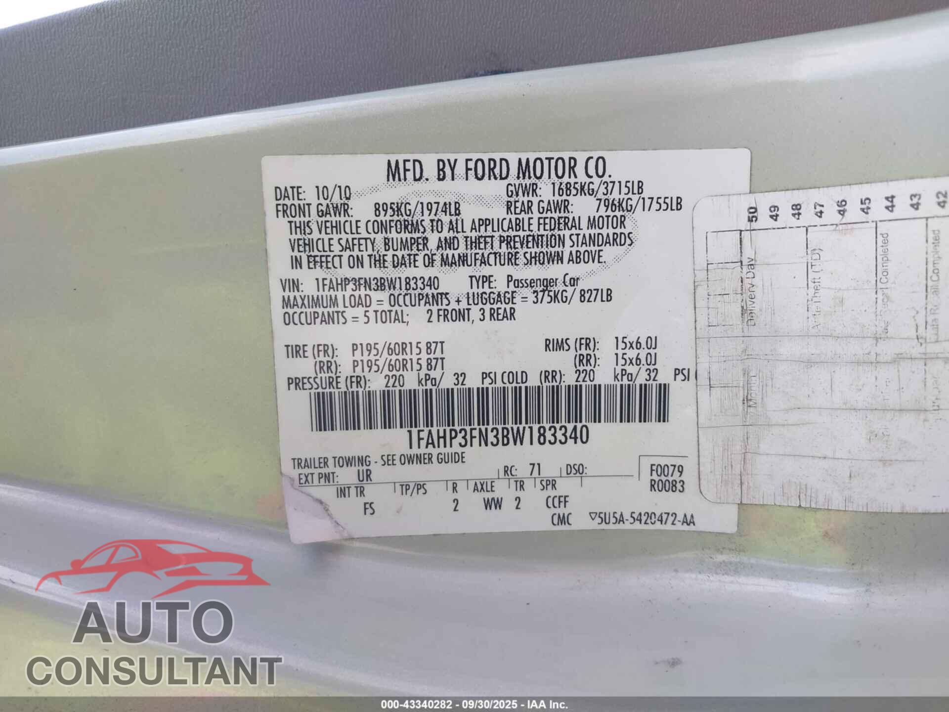 FORD FOCUS 2011 - 1FAHP3FN3BW183340