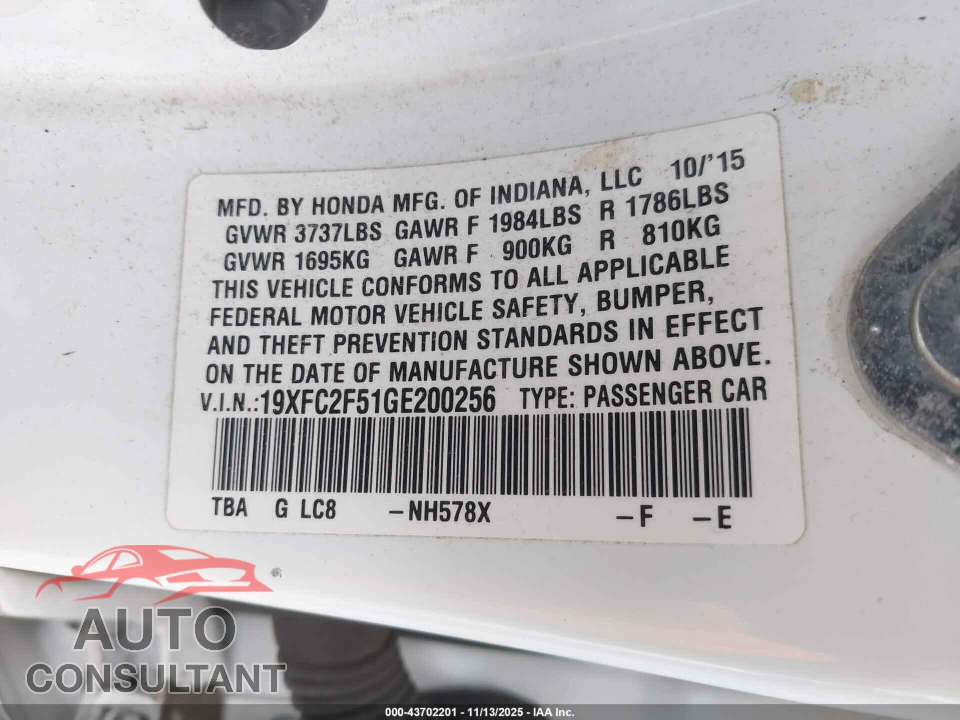 HONDA CIVIC 2016 - 19XFC2F51GE200256