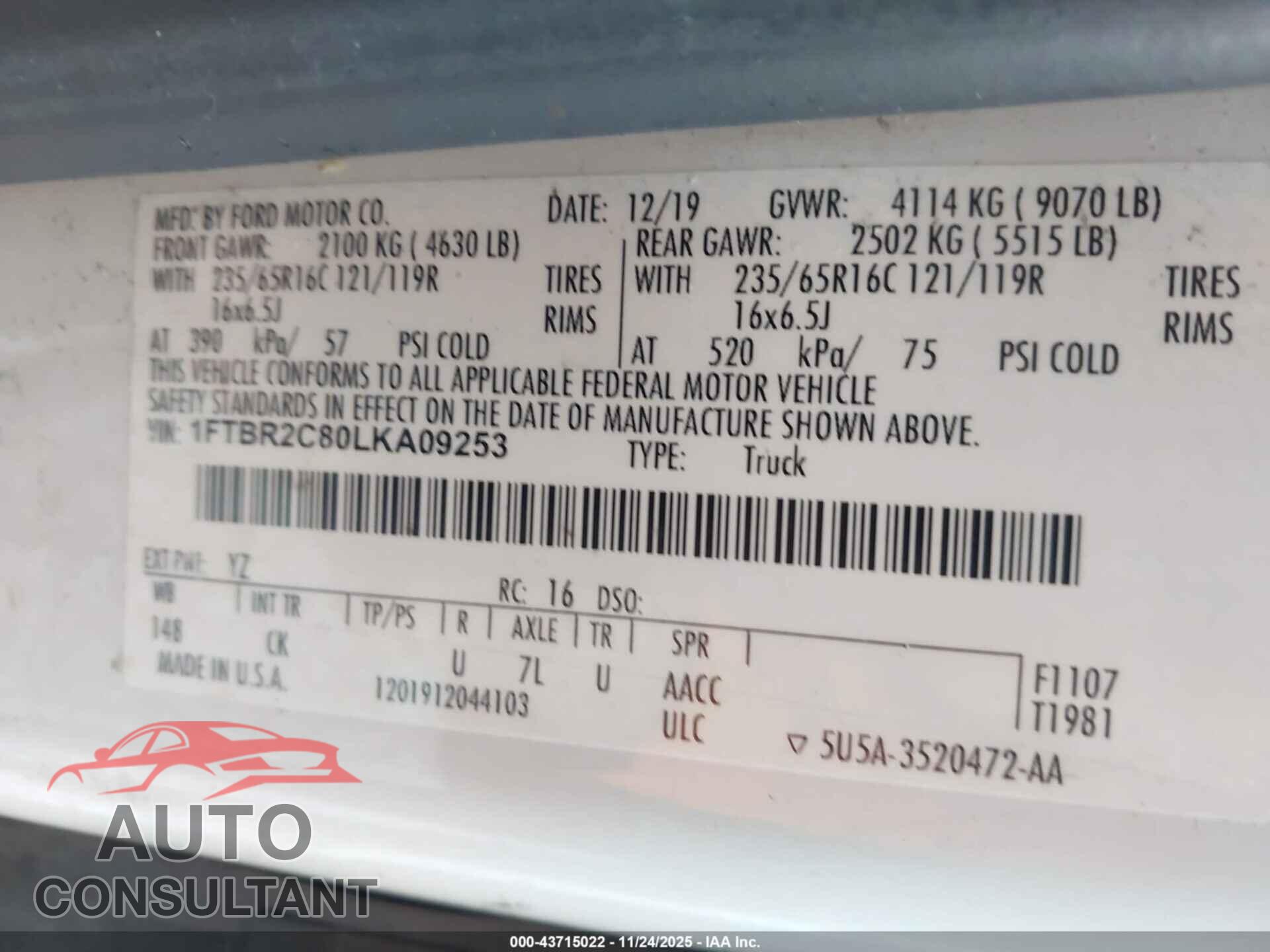FORD TRANSIT-250 2020 - 1FTBR2C80LKA09253