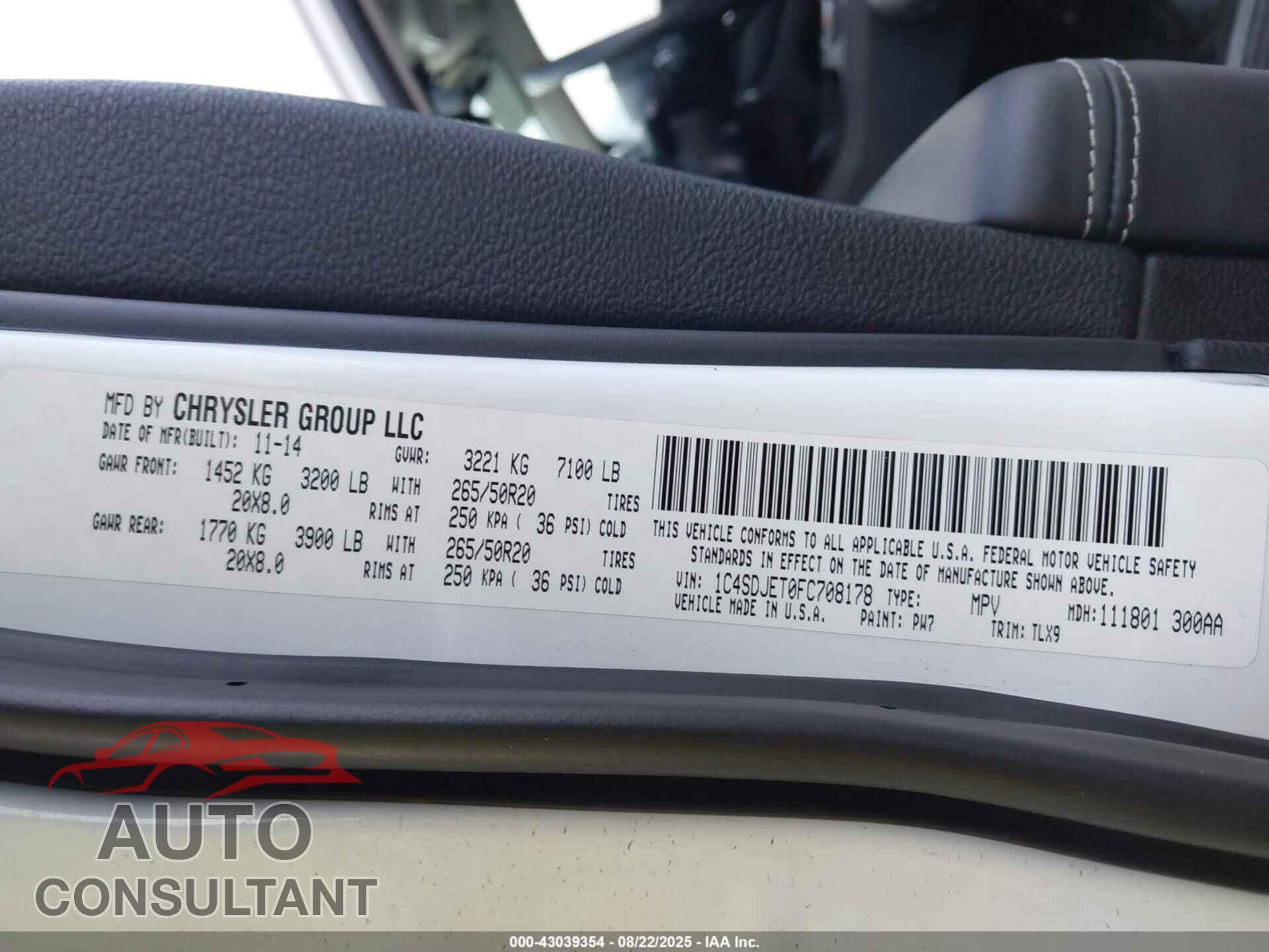 DODGE DURANGO 2015 - 1C4SDJET0FC708178